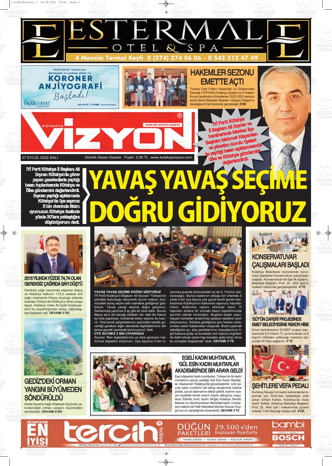 27 Eylül 2022 Kütahya Vizyon Gazete Manşeti