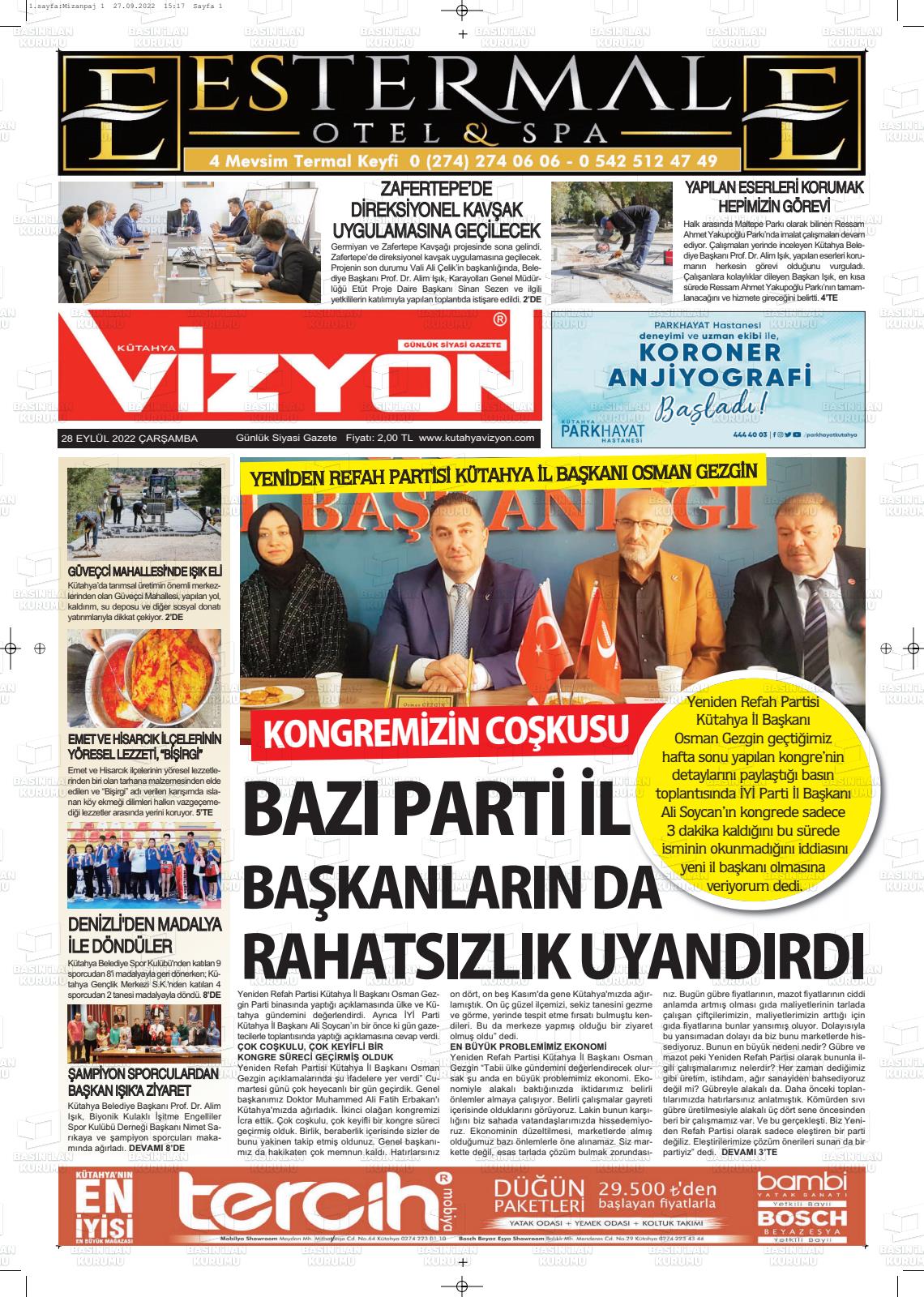 28 Eylül 2022 Kütahya Vizyon Gazete Manşeti