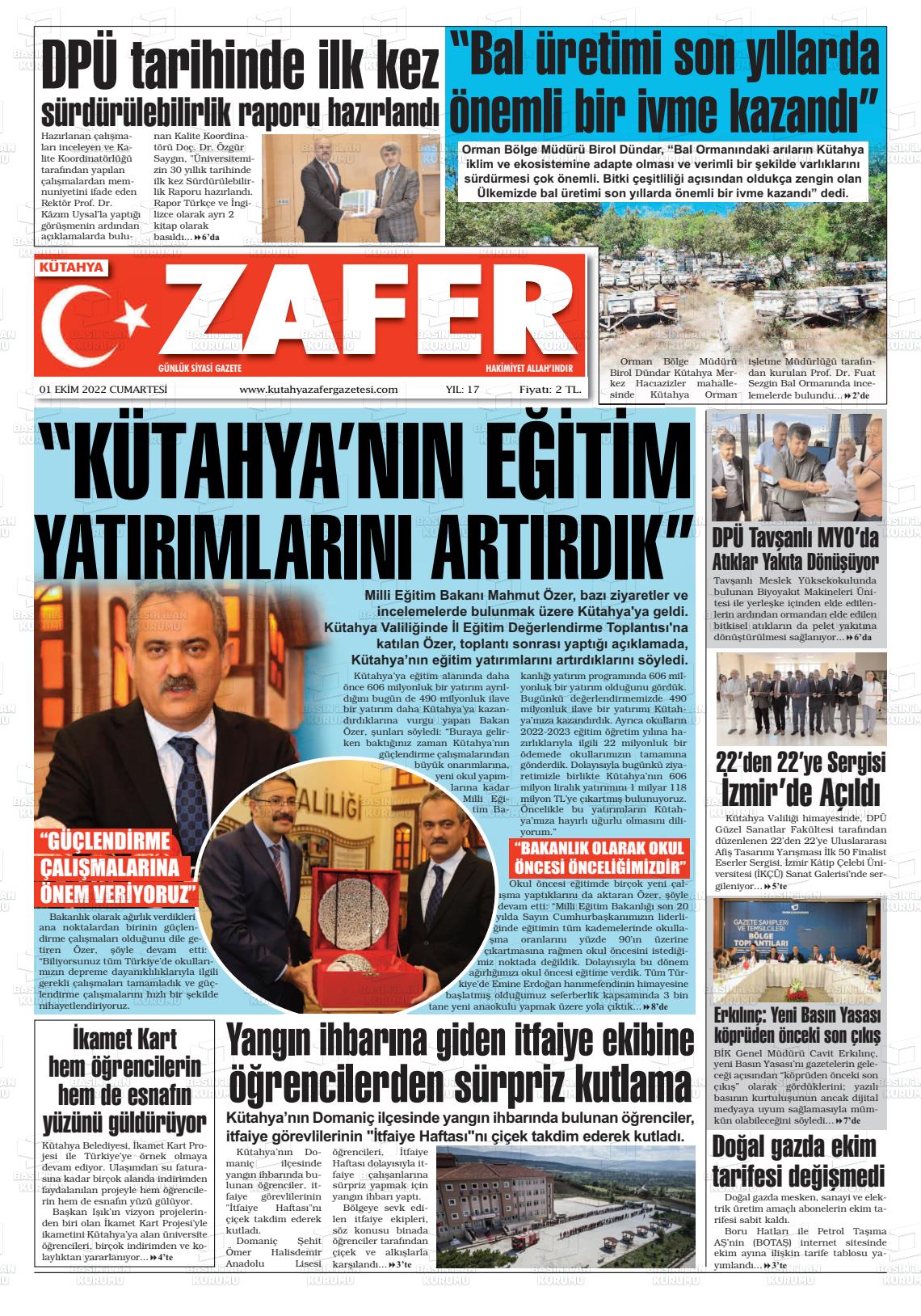 01 Ekim 2022 Kütahya Zafer Gazete Manşeti