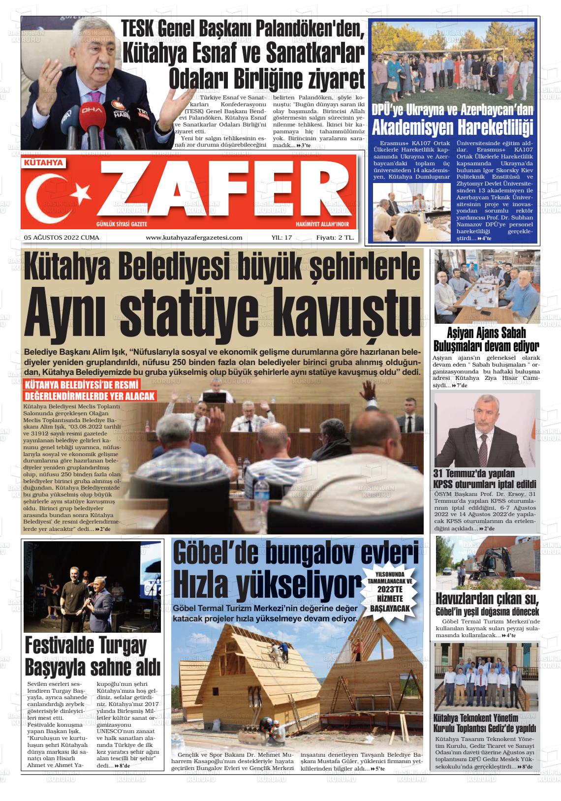 05 Ağustos 2022 Kütahya Zafer Gazete Manşeti