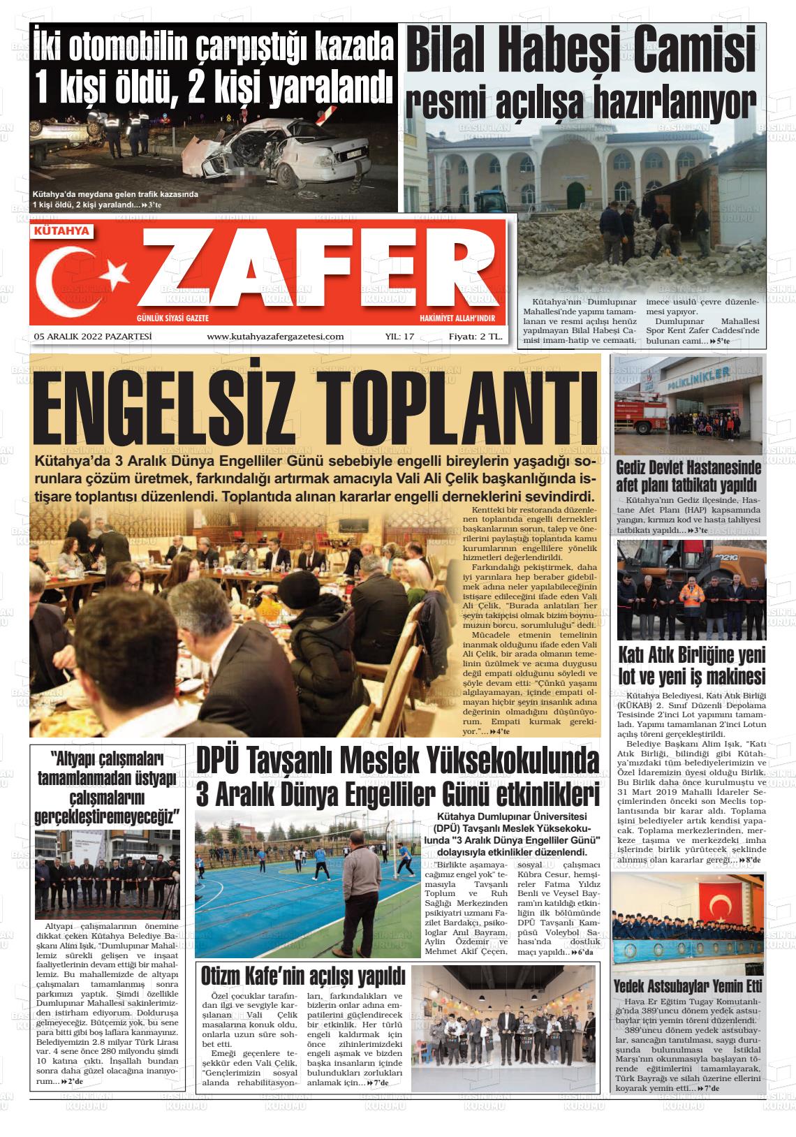 05 Aralık 2022 Kütahya Zafer Gazete Manşeti