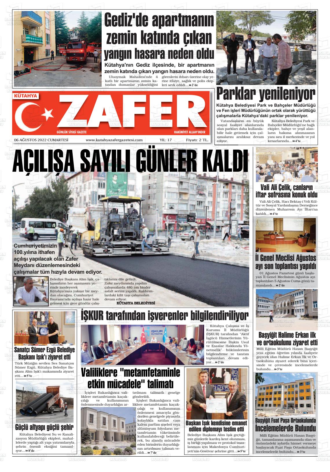 06 Ağustos 2022 Kütahya Zafer Gazete Manşeti