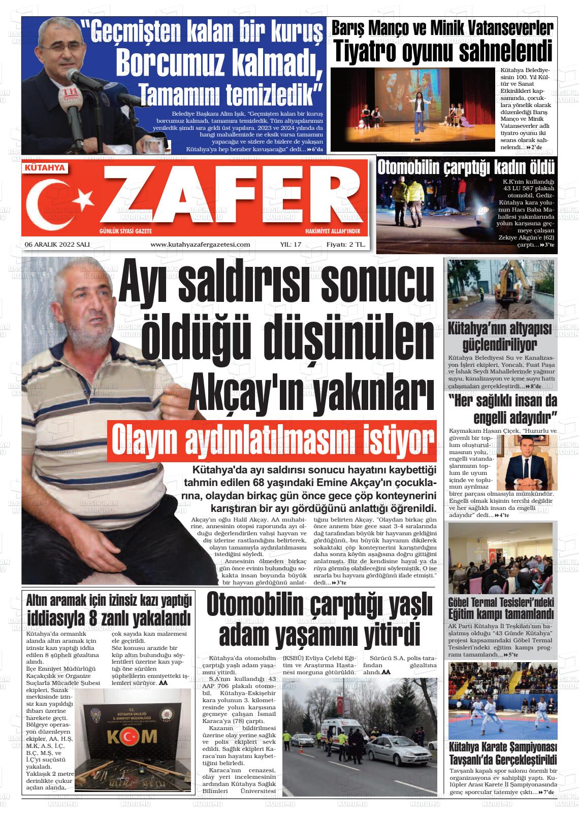 06 Aralık 2022 Kütahya Zafer Gazete Manşeti