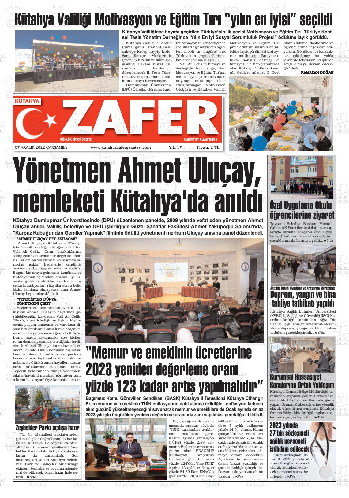 07 Aralık 2022 Kütahya Zafer Gazete Manşeti