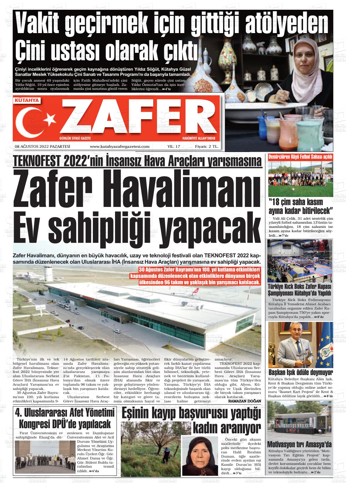 08 Ağustos 2022 Kütahya Zafer Gazete Manşeti