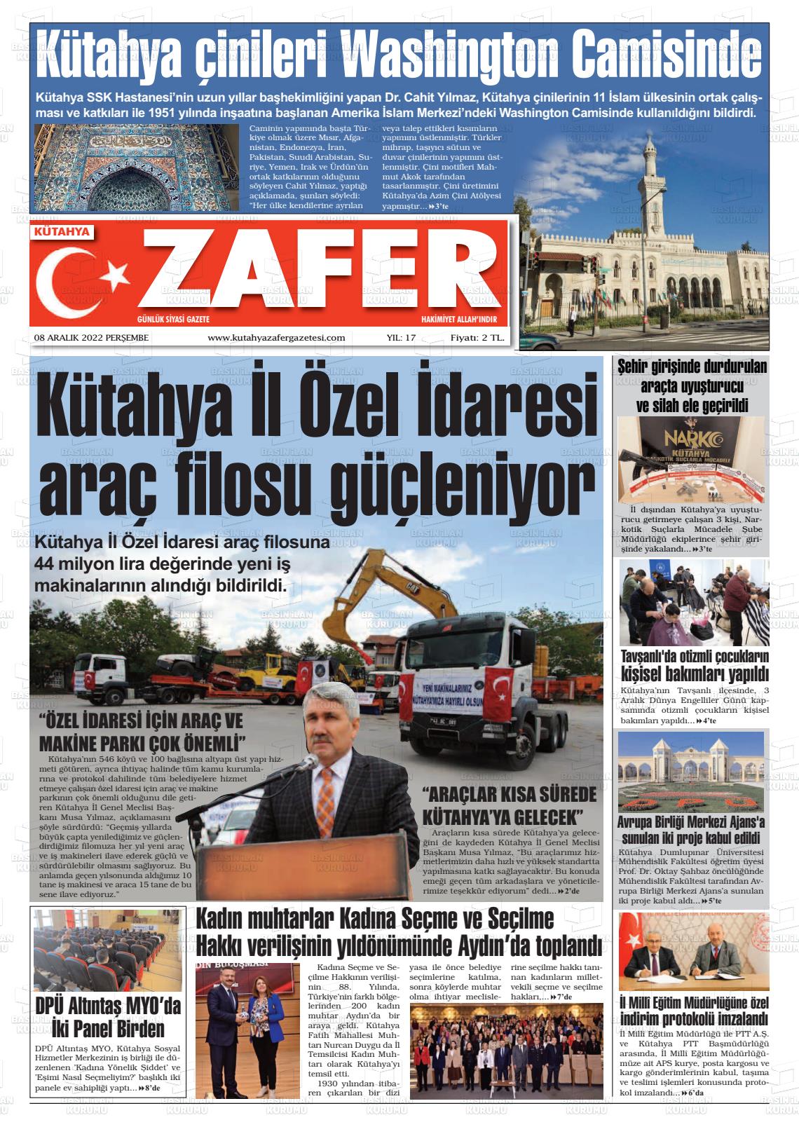 08 Aralık 2022 Kütahya Zafer Gazete Manşeti