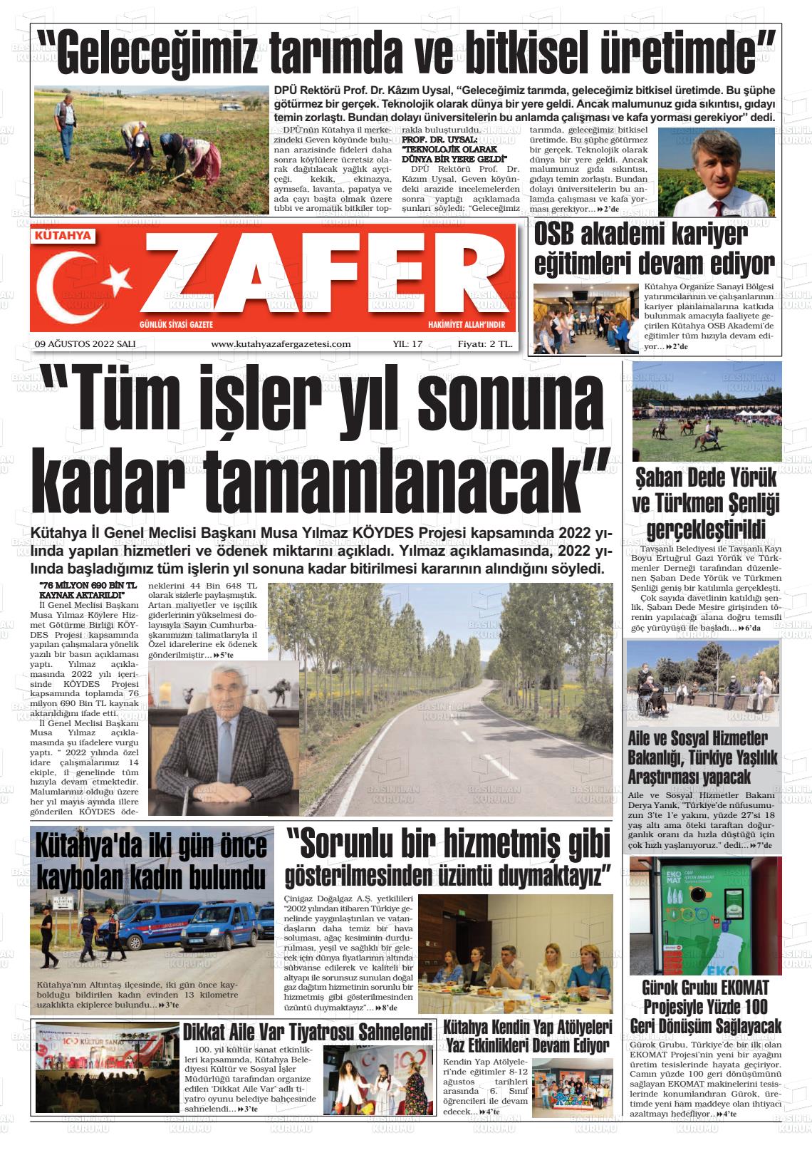 09 Ağustos 2022 Kütahya Zafer Gazete Manşeti