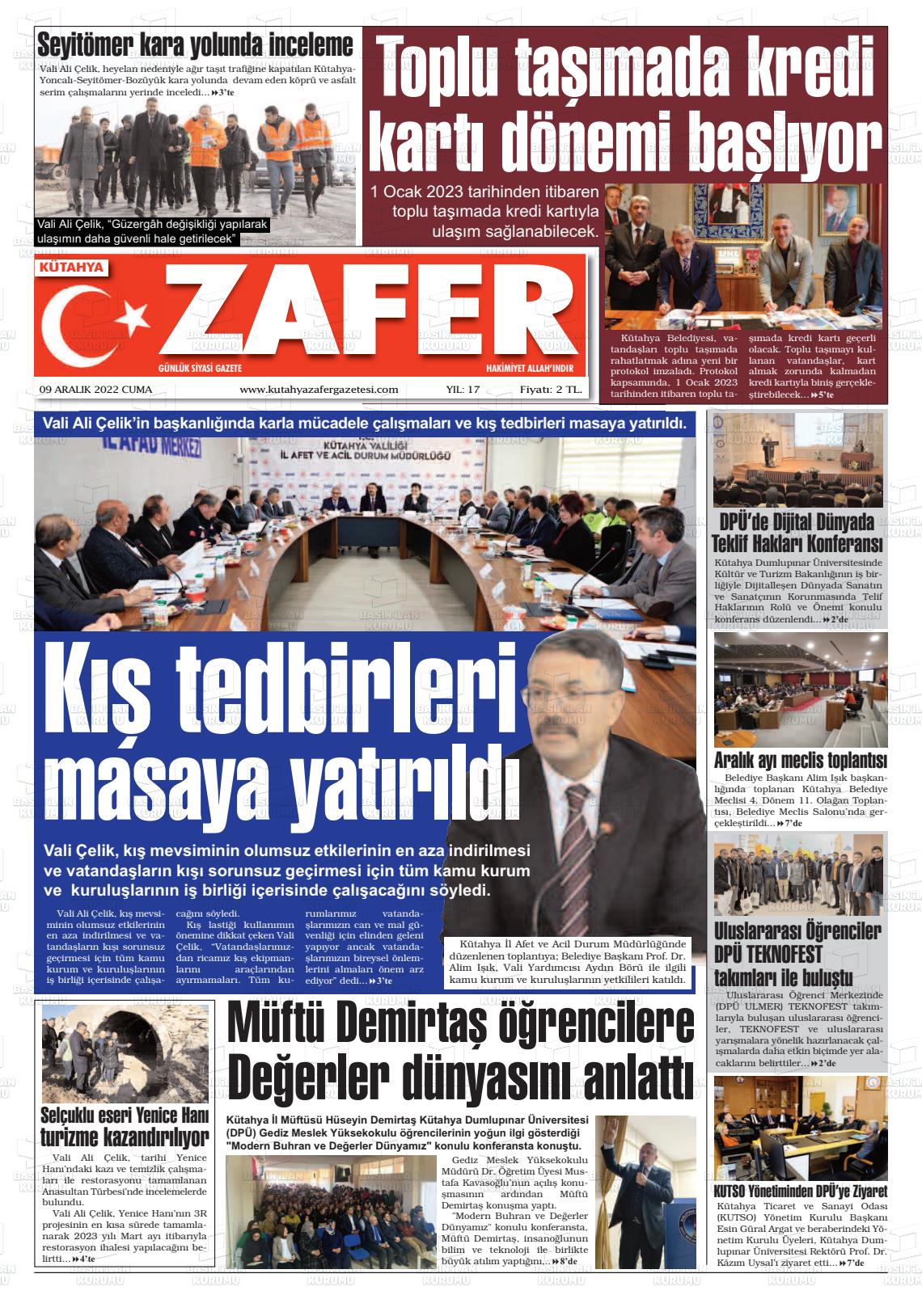 09 Aralık 2022 Kütahya Zafer Gazete Manşeti