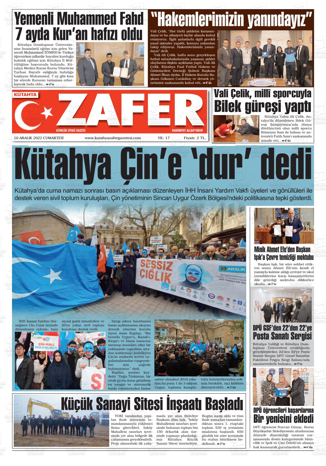 10 Aralık 2022 Kütahya Zafer Gazete Manşeti