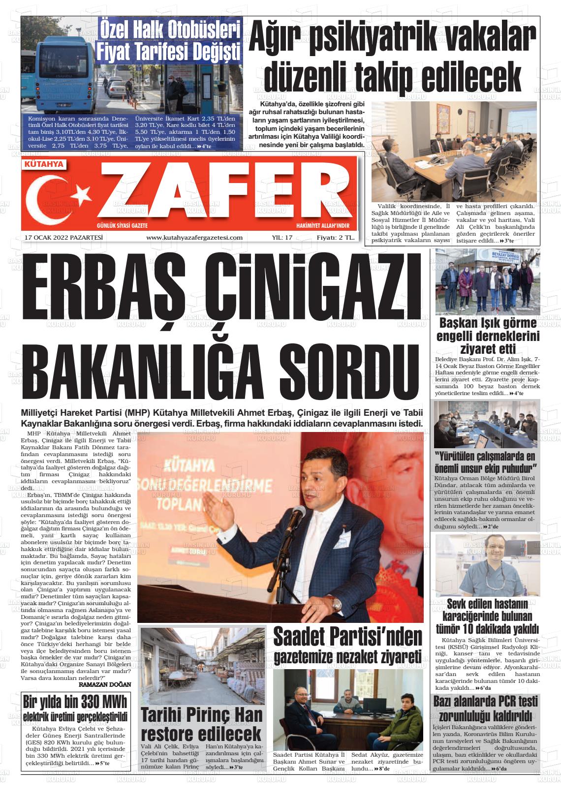 17 Ocak 2022 Kütahya Zafer Gazete Manşeti