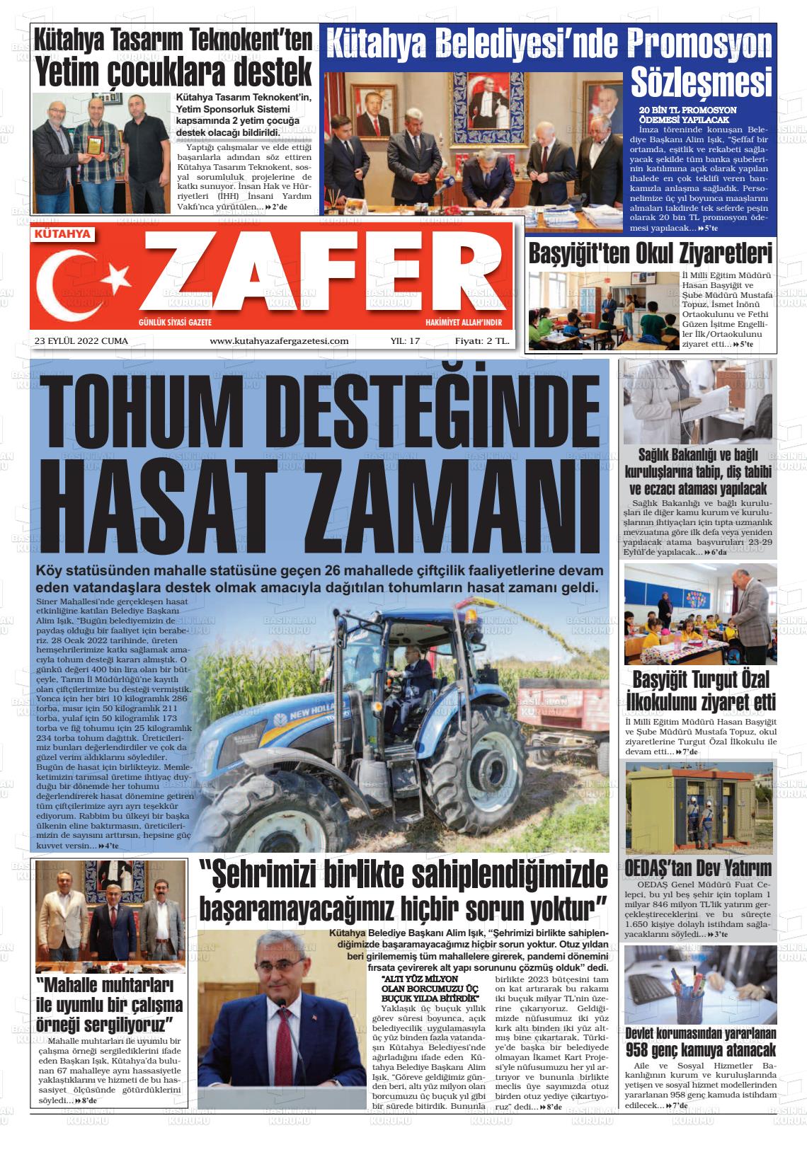 23 Eylül 2022 Kütahya Zafer Gazete Manşeti