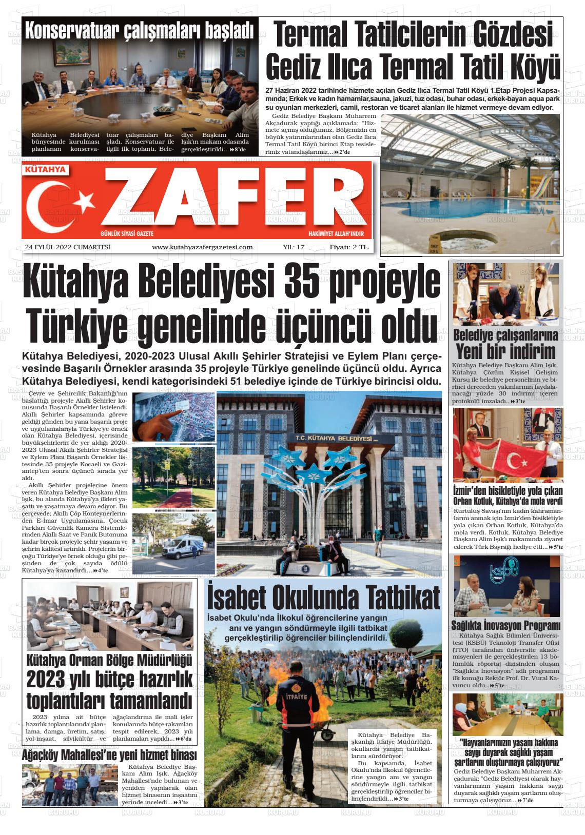 24 Eylül 2022 Kütahya Zafer Gazete Manşeti