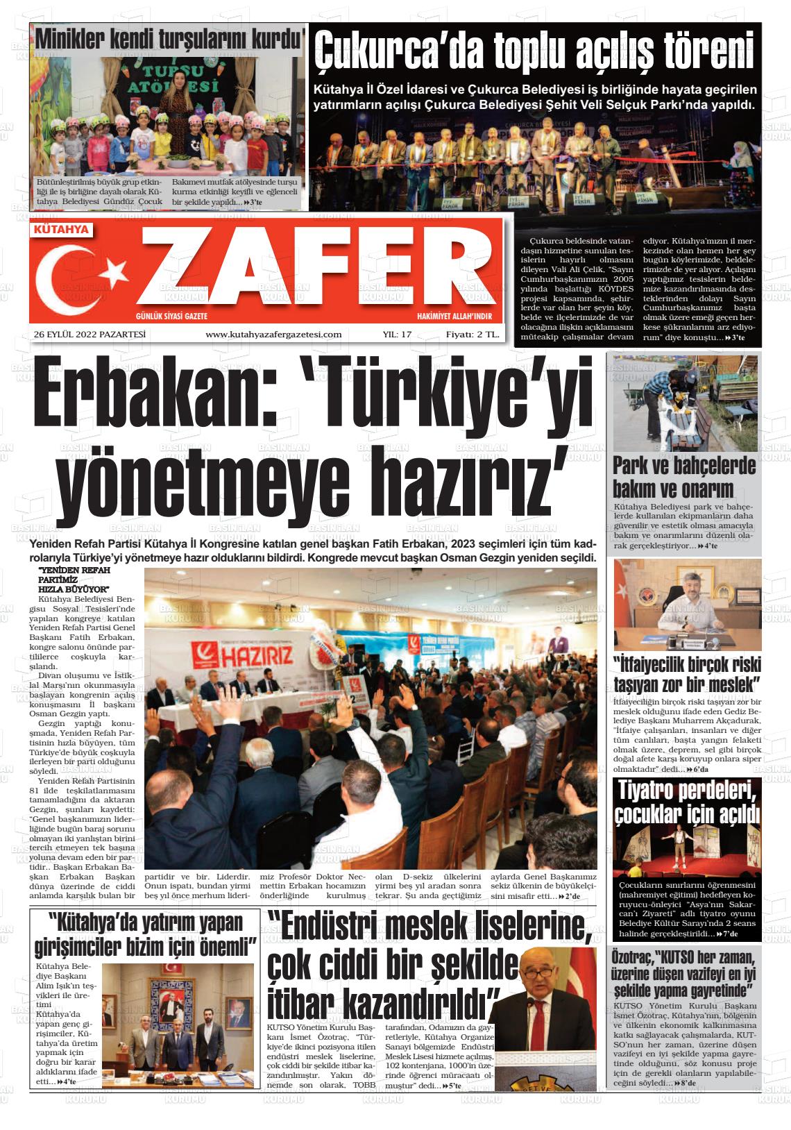 26 Eylül 2022 Kütahya Zafer Gazete Manşeti