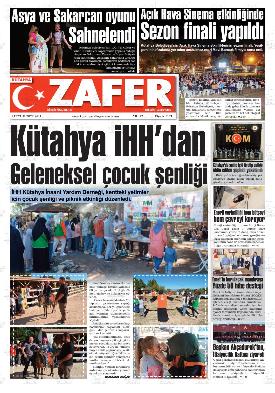 27 Eylül 2022 Kütahya Zafer Gazete Manşeti