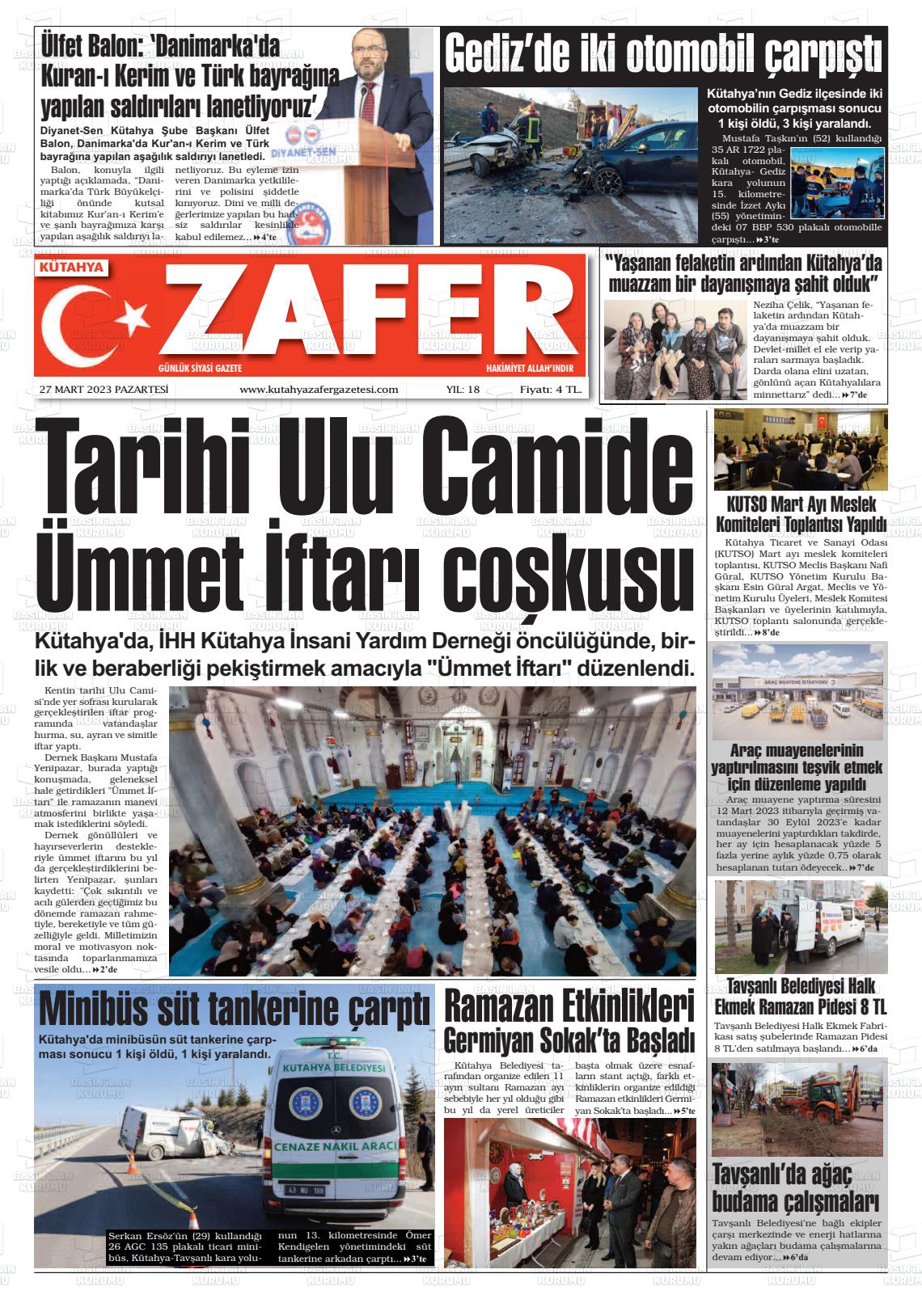 27 Mart 2023 Kütahya Zafer Gazete Manşeti
