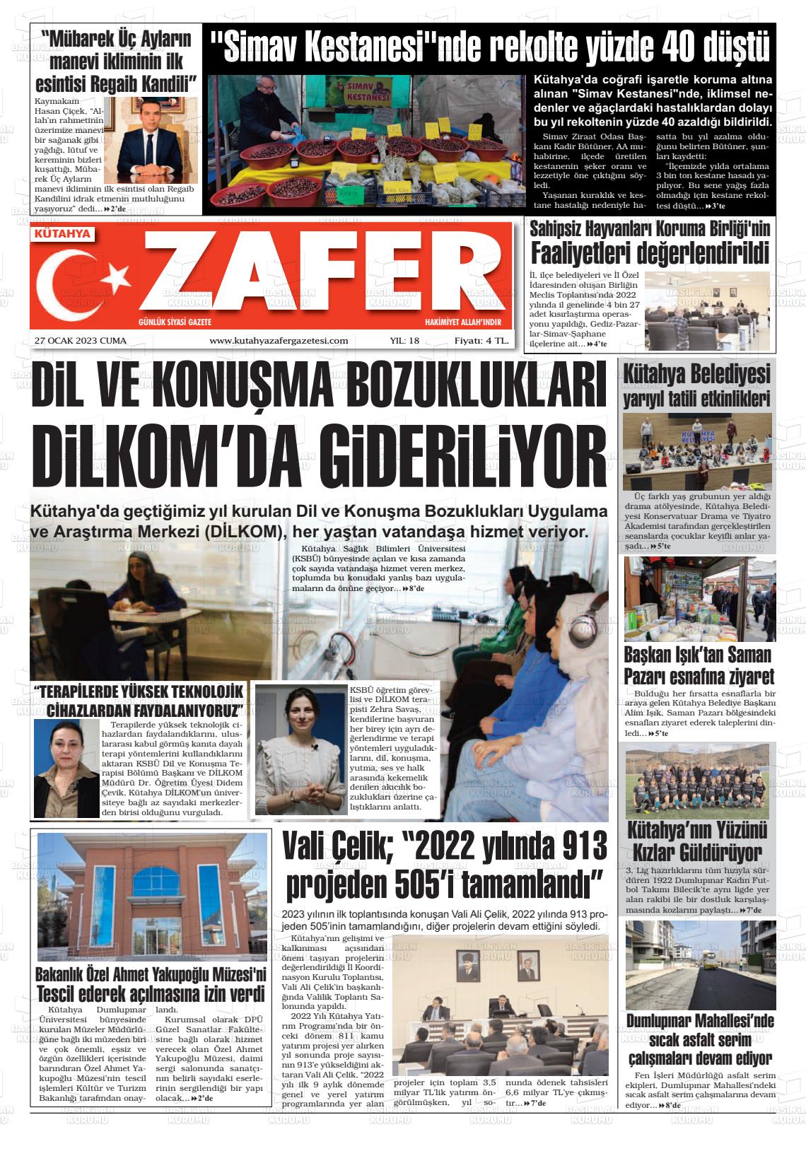 27 Ocak 2023 Kütahya Zafer Gazete Manşeti