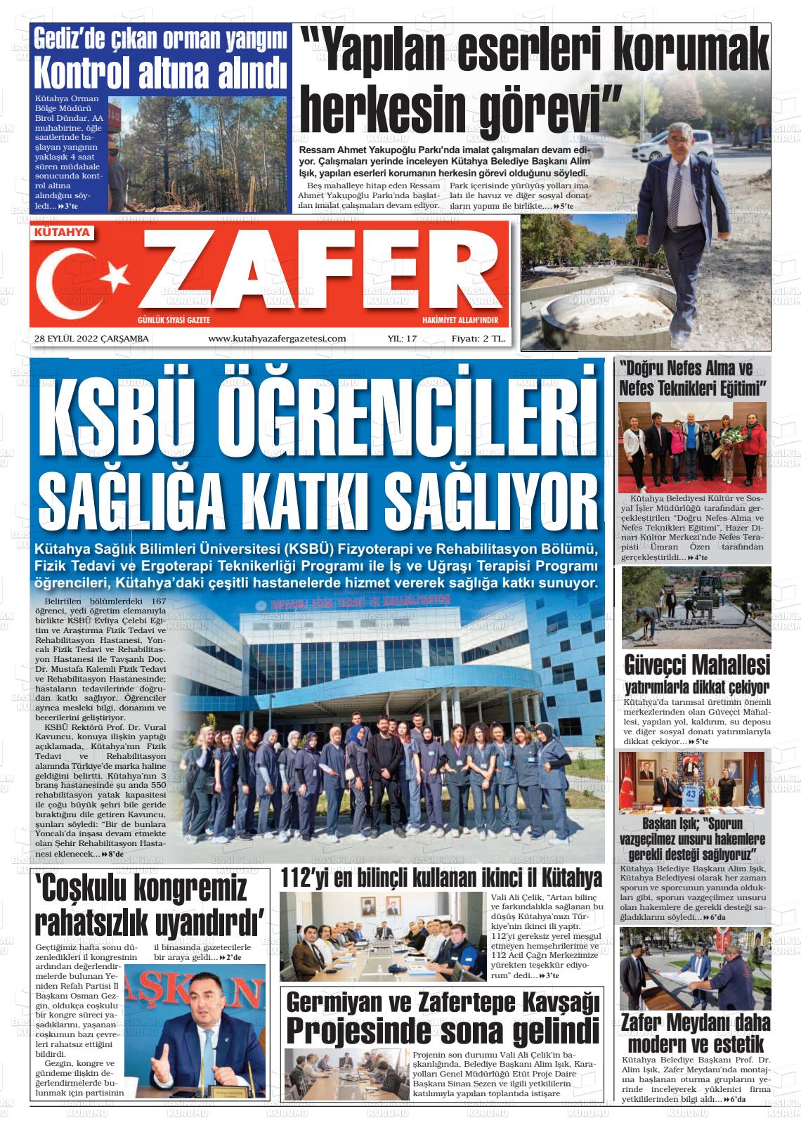 28 Eylül 2022 Kütahya Zafer Gazete Manşeti