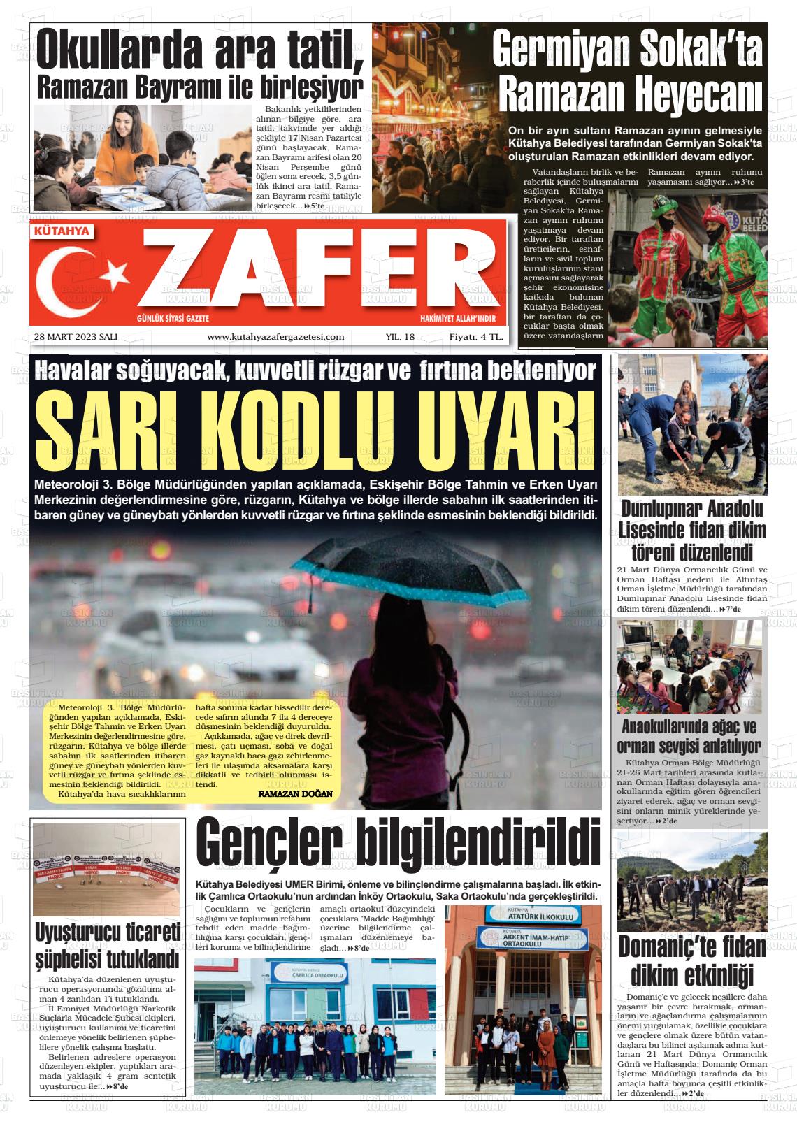 28 Mart 2023 Kütahya Zafer Gazete Manşeti