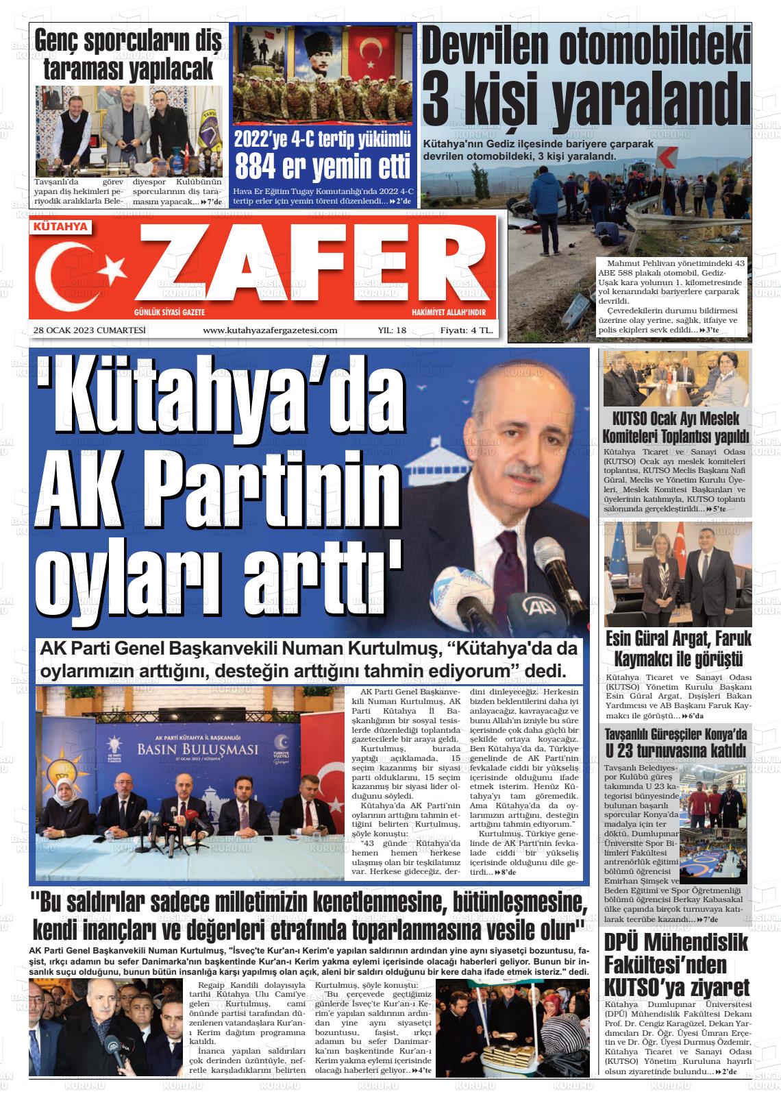 28 Ocak 2023 Kütahya Zafer Gazete Manşeti