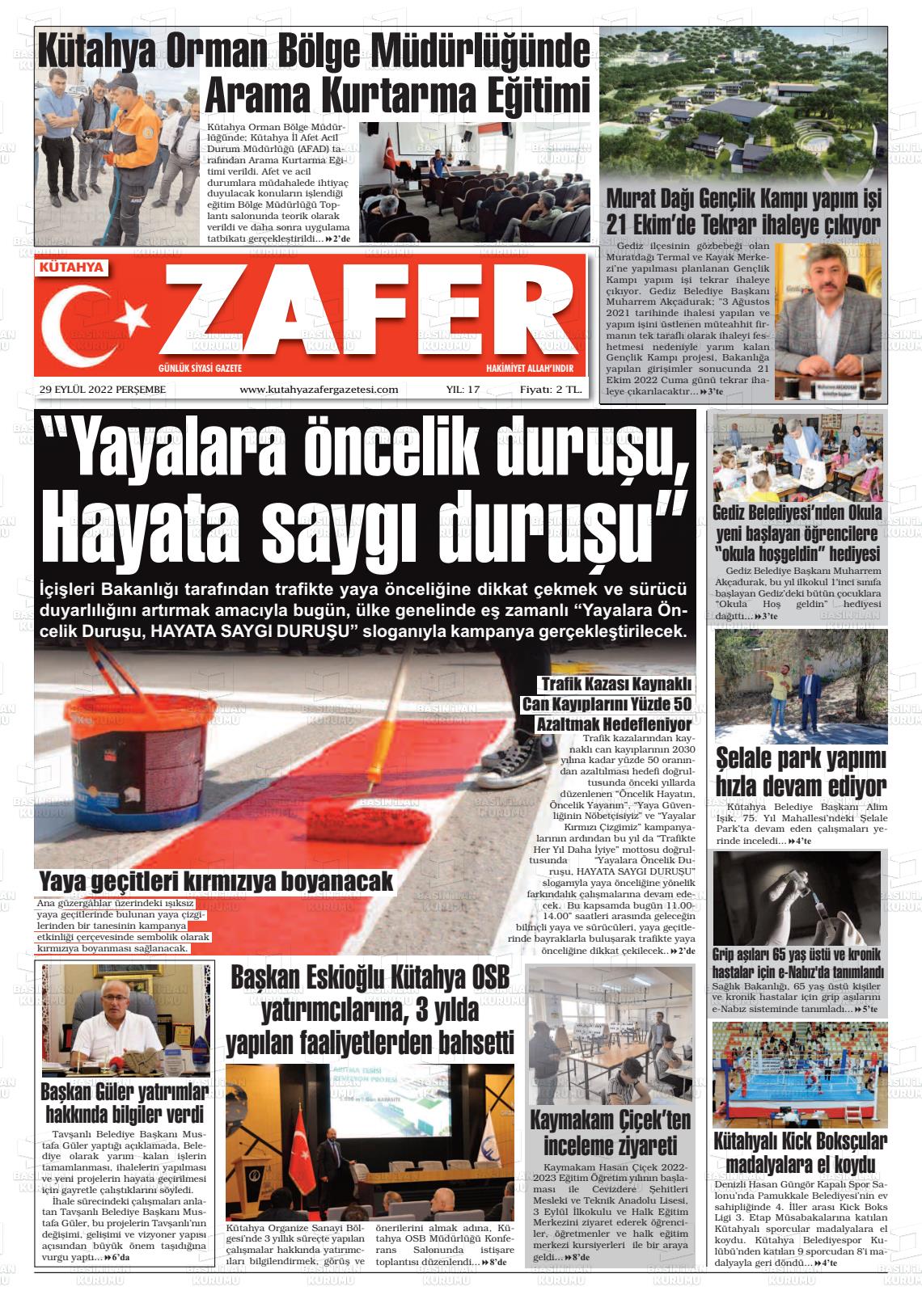 29 Eylül 2022 Kütahya Zafer Gazete Manşeti
