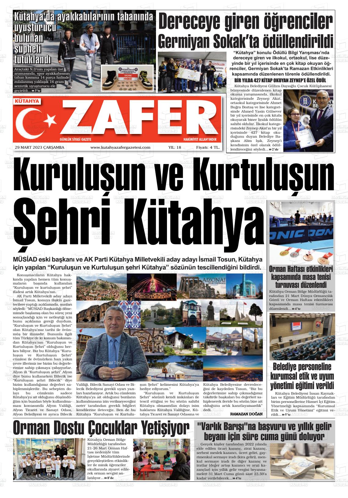 29 Mart 2023 Kütahya Zafer Gazete Manşeti