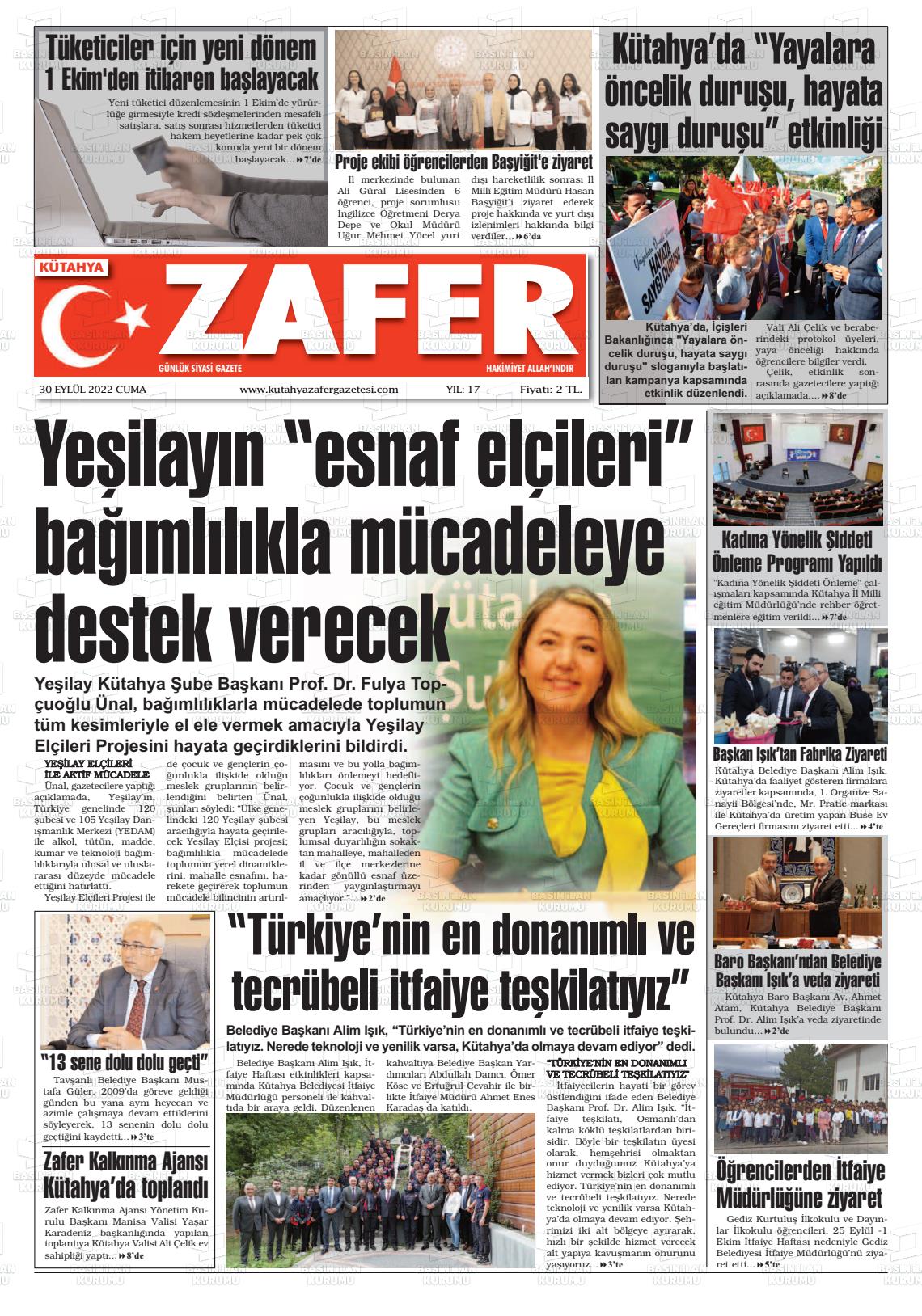 30 Eylül 2022 Kütahya Zafer Gazete Manşeti