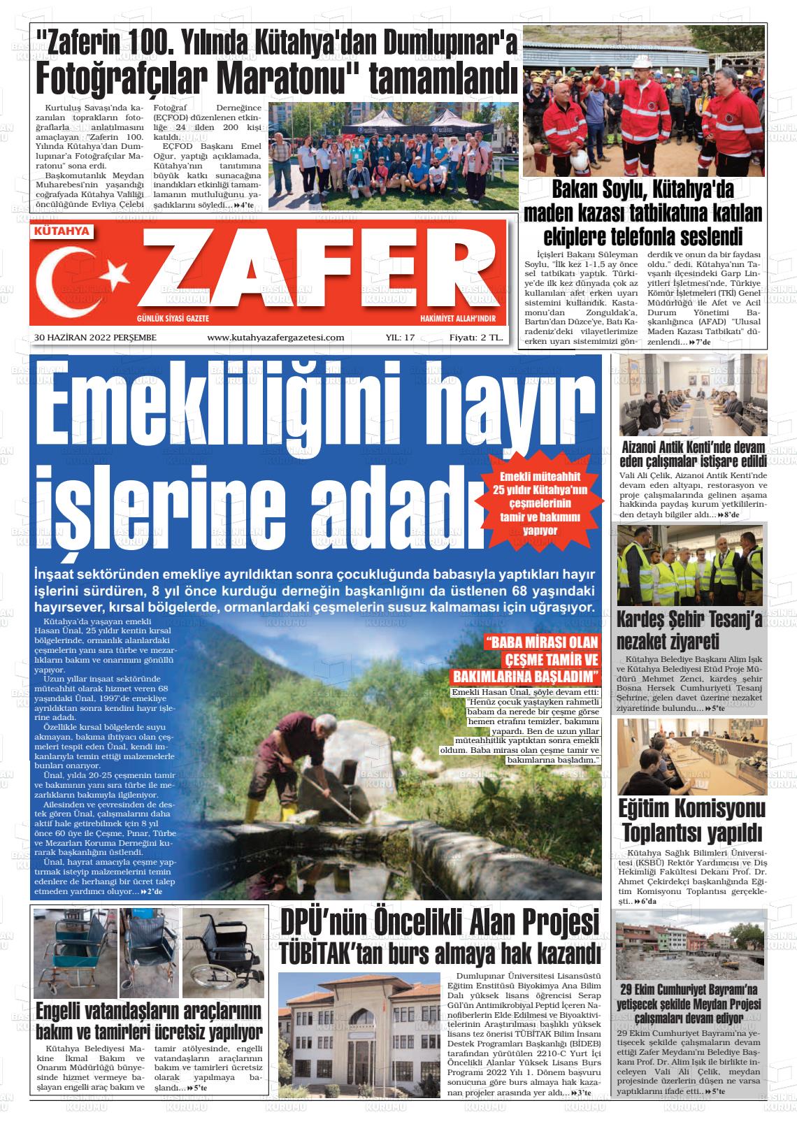 30 Haziran 2022 Kütahya Zafer Gazete Manşeti
