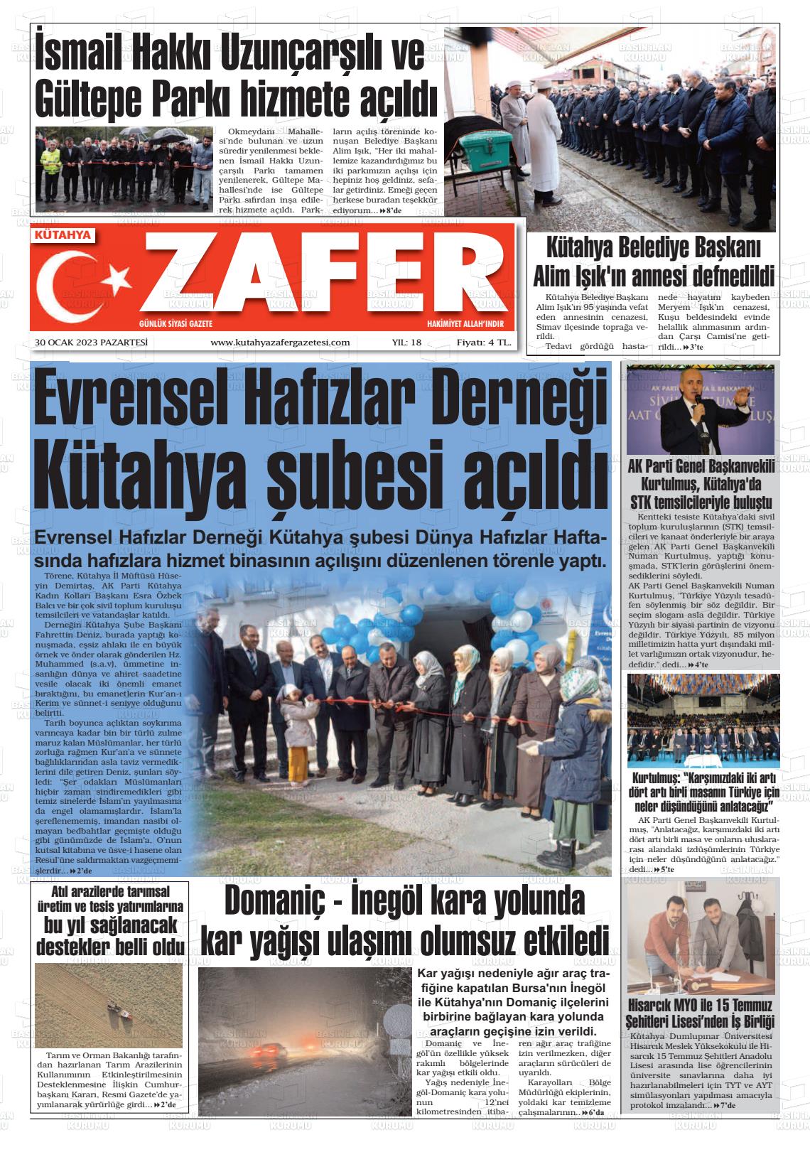 30 Ocak 2023 Kütahya Zafer Gazete Manşeti