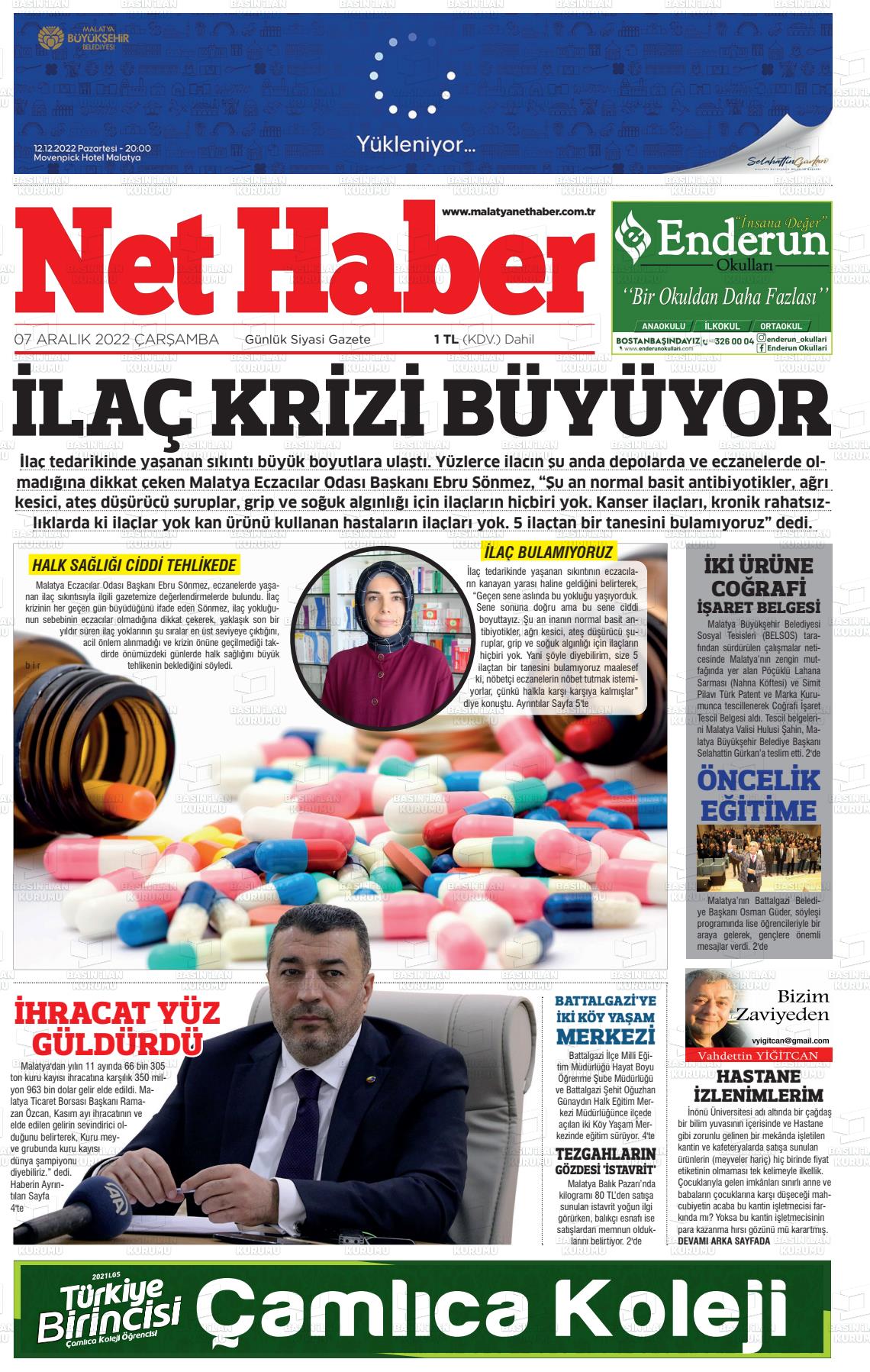 07 Aralık 2022 MALATYA NET HABER Gazete Manşeti