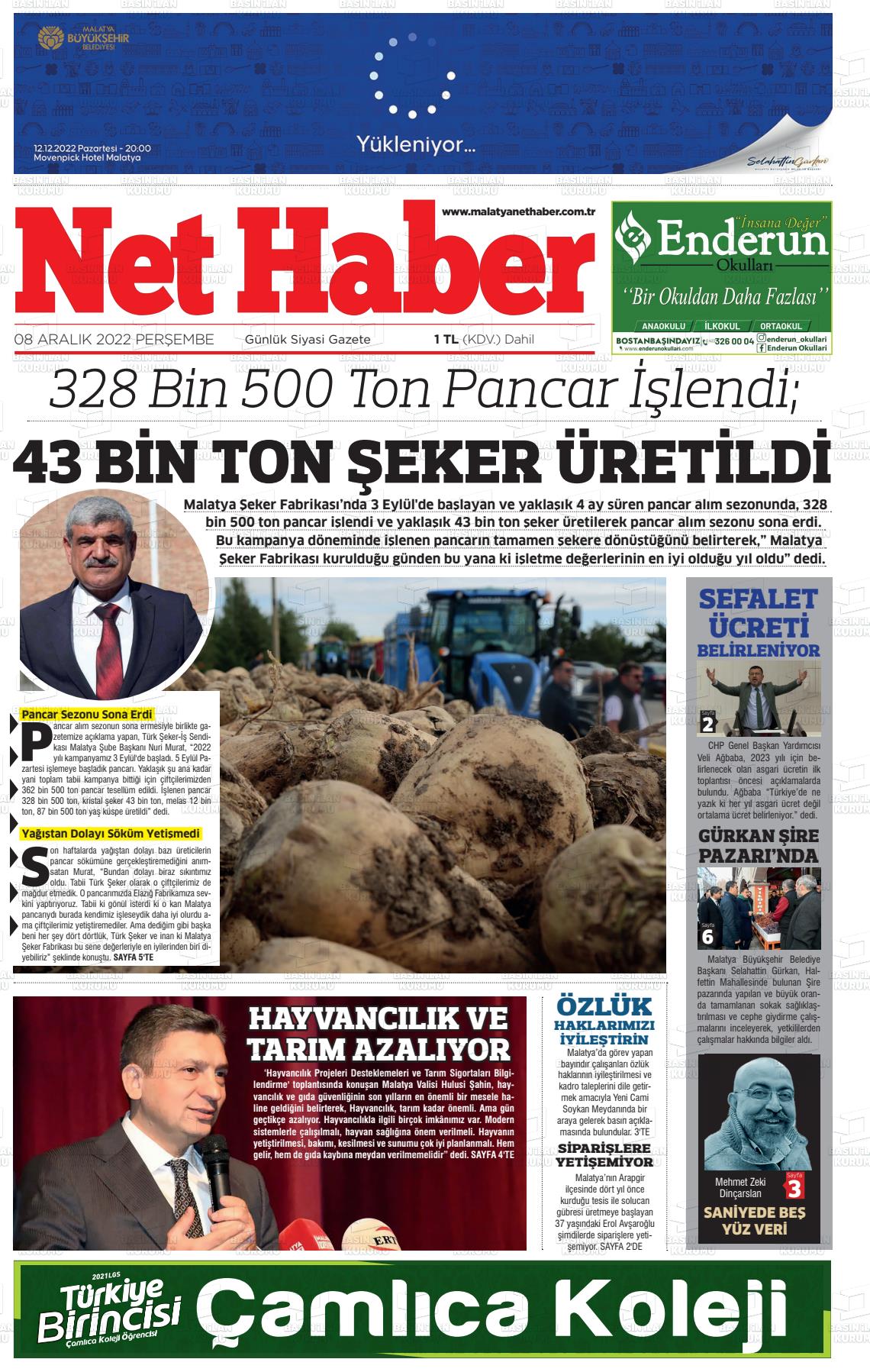 08 Aralık 2022 MALATYA NET HABER Gazete Manşeti