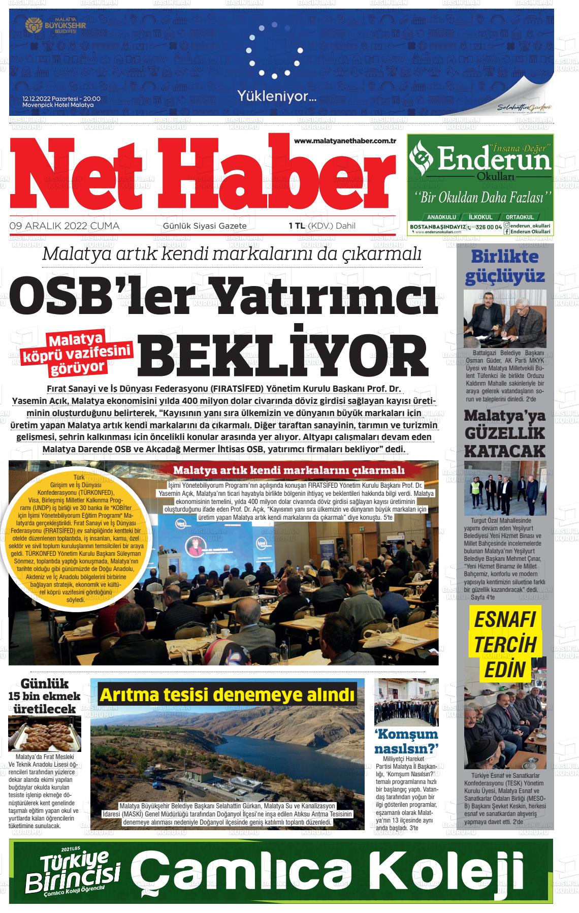 09 Aralık 2022 MALATYA NET HABER Gazete Manşeti
