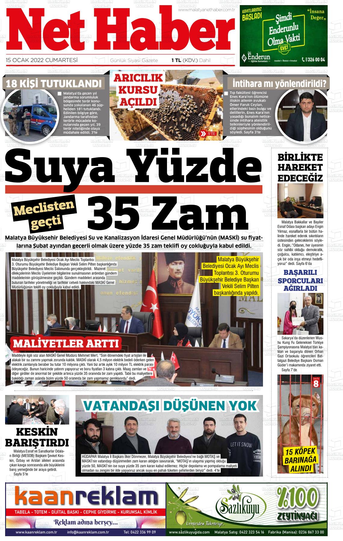 15 Ocak 2022 MALATYA NET HABER Gazete Manşeti