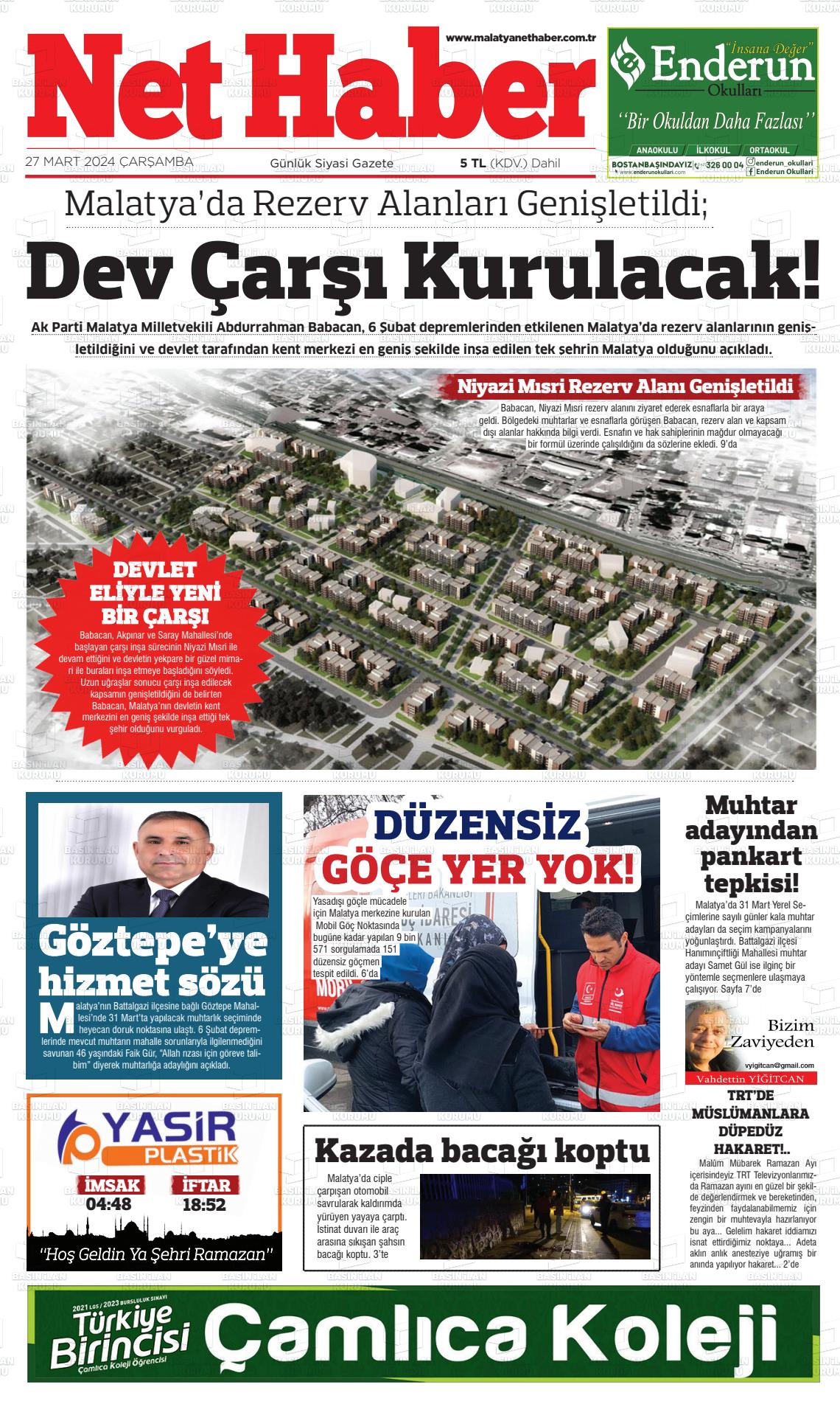 27 Mart 2024 MALATYA NET HABER Gazete Manşeti