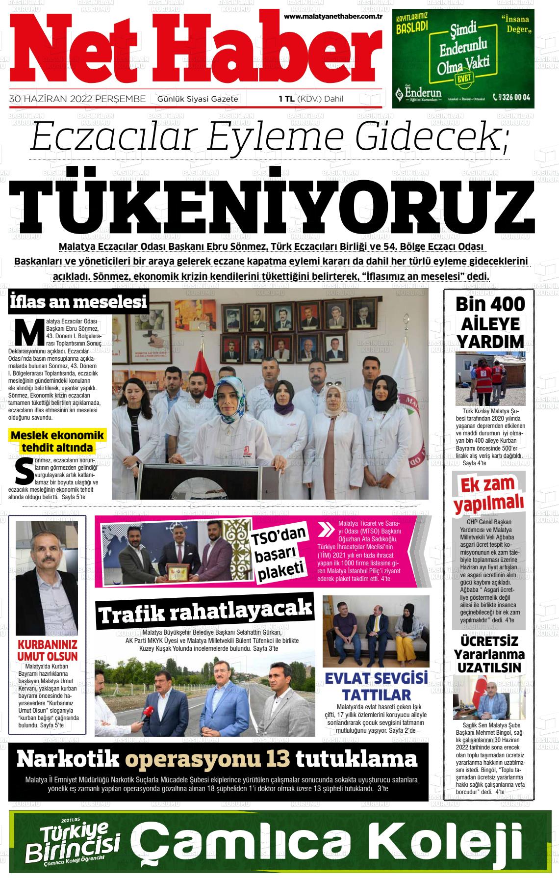 01 Temmuz 2022 MALATYA NET HABER Gazete Manşeti
