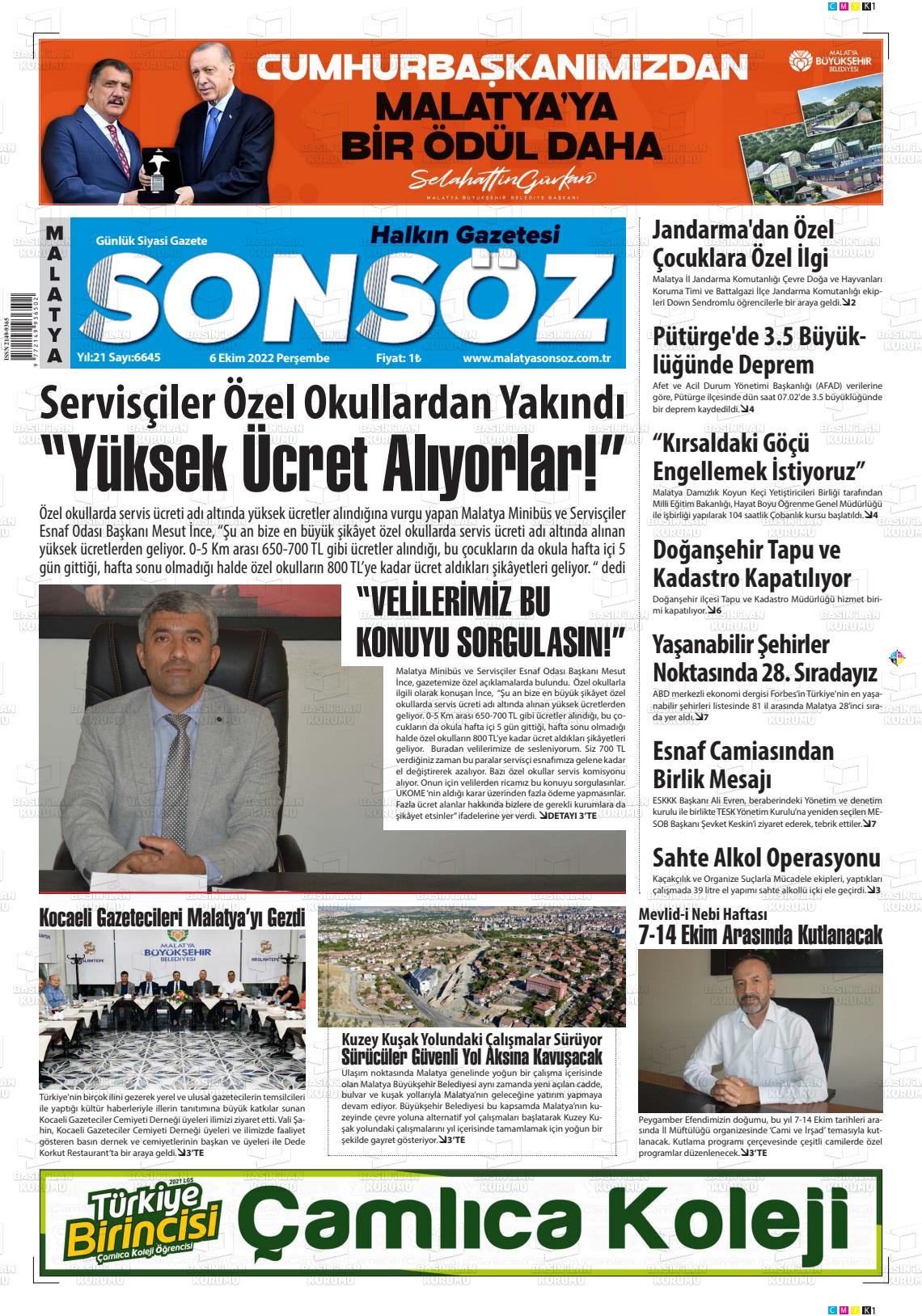 06 Ekim 2022 Sonsöz Gazete Manşeti