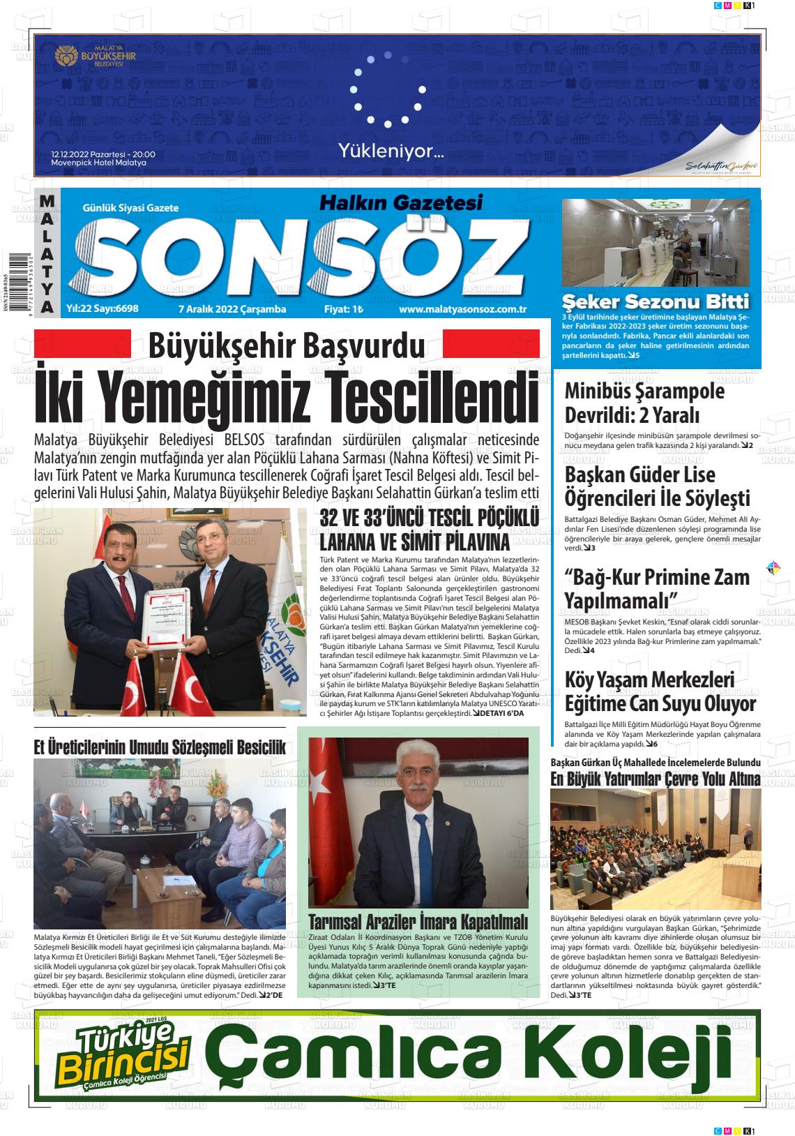 07 Aralık 2022 Sonsöz Gazete Manşeti