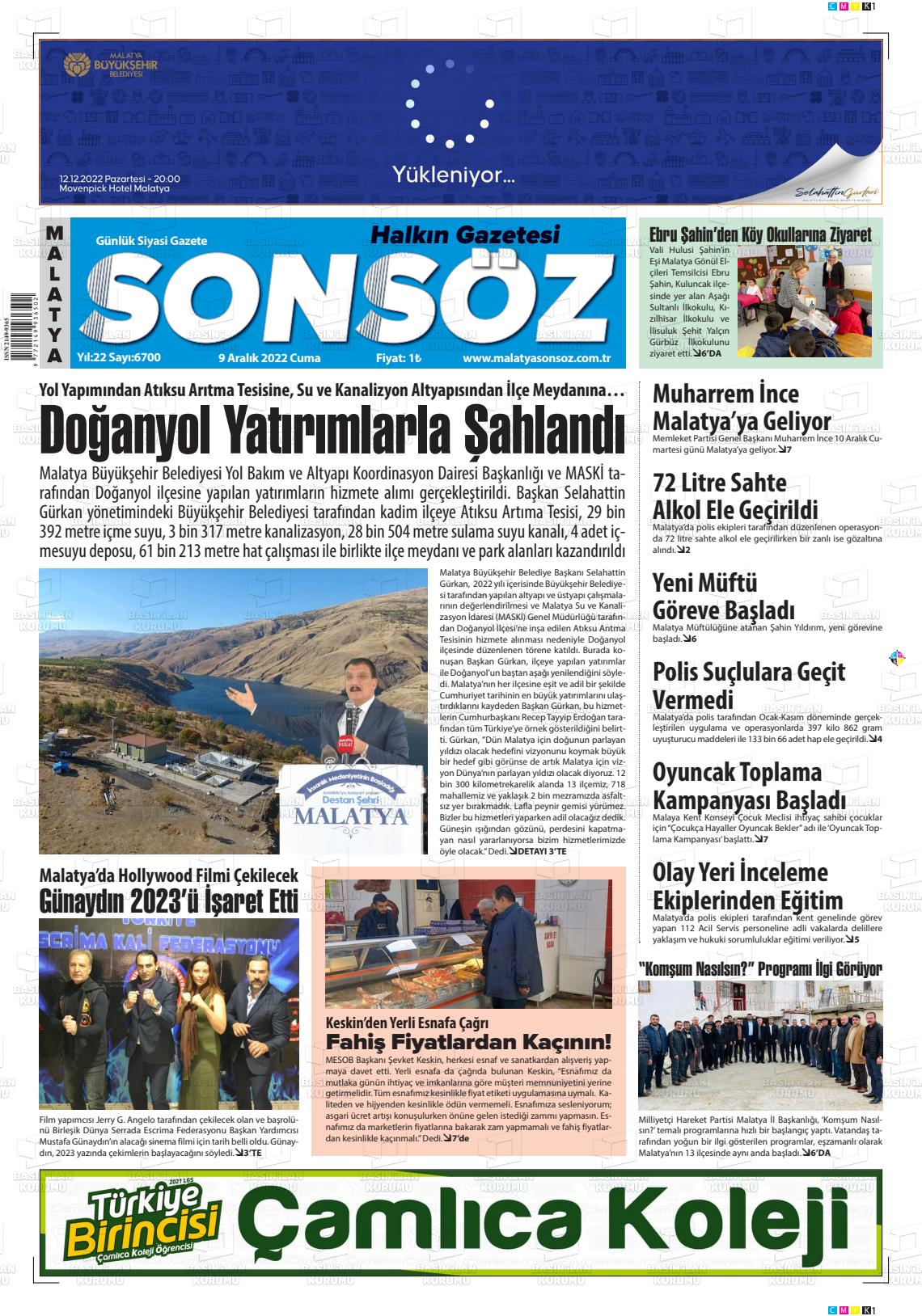 09 Aralık 2022 Sonsöz Gazete Manşeti
