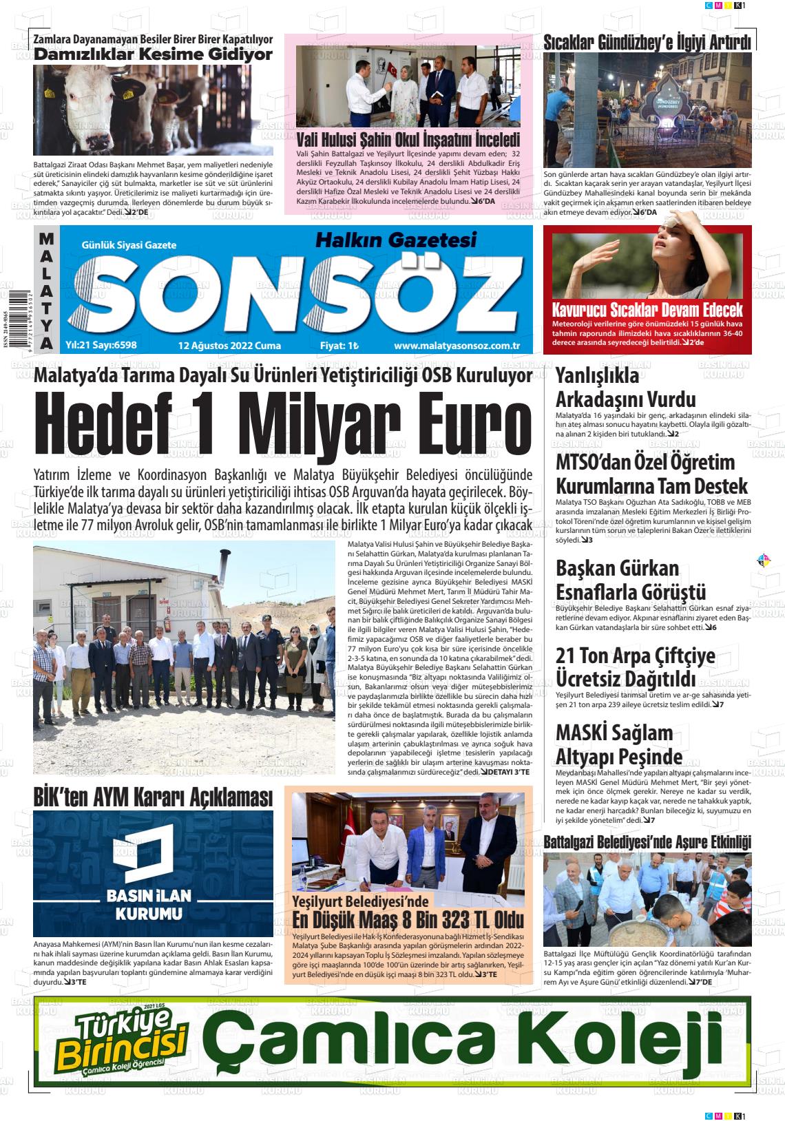 12 Ağustos 2022 Sonsöz Gazete Manşeti