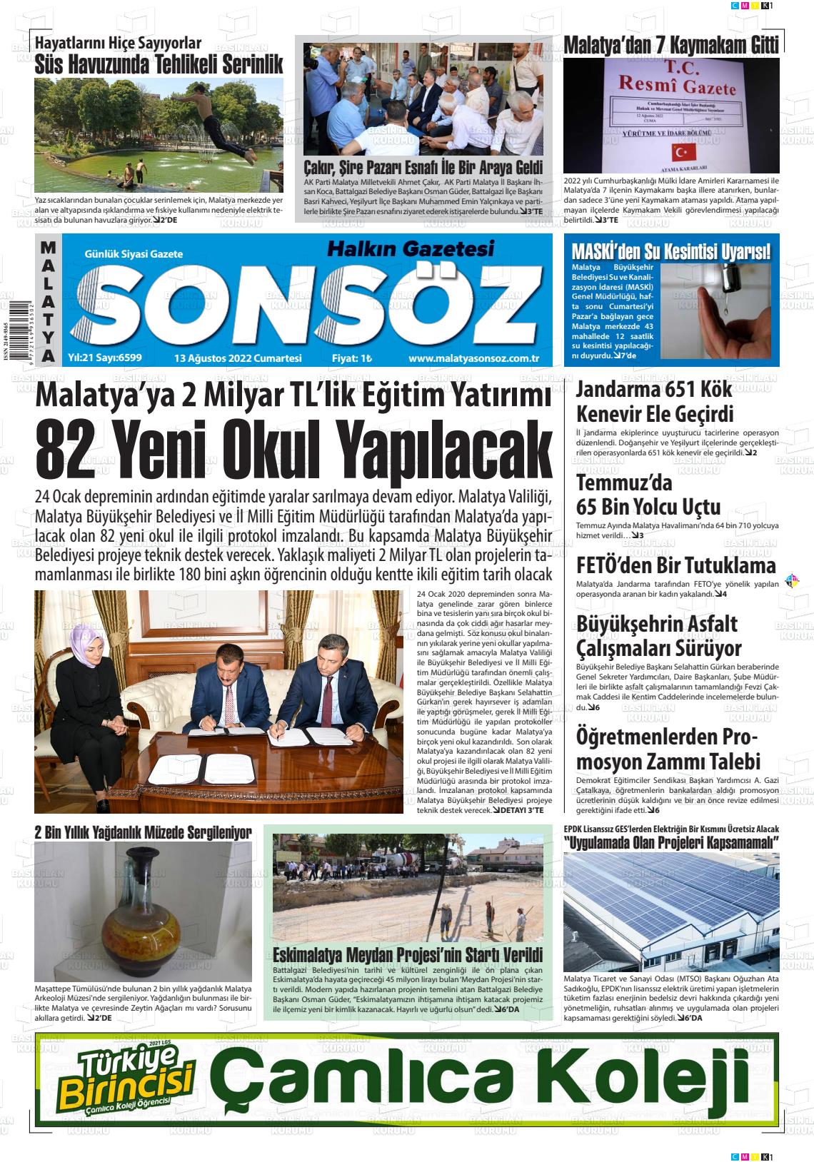13 Ağustos 2022 Sonsöz Gazete Manşeti
