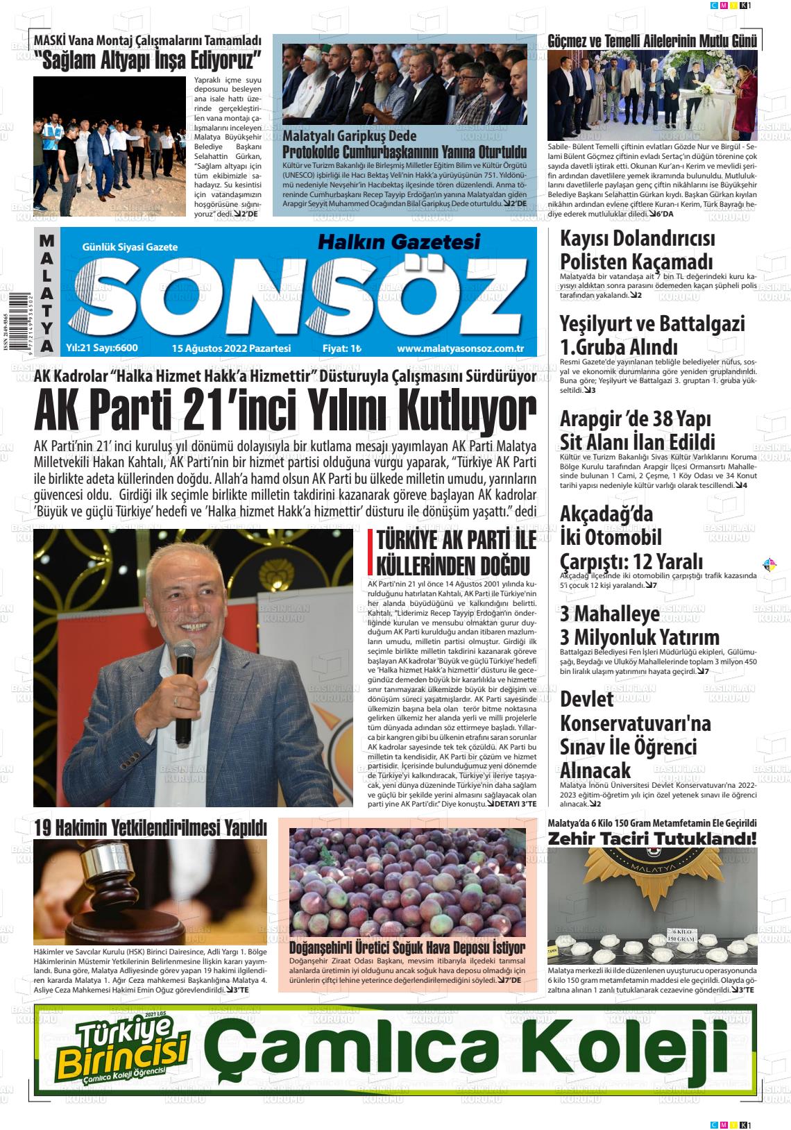 15 Ağustos 2022 Sonsöz Gazete Manşeti