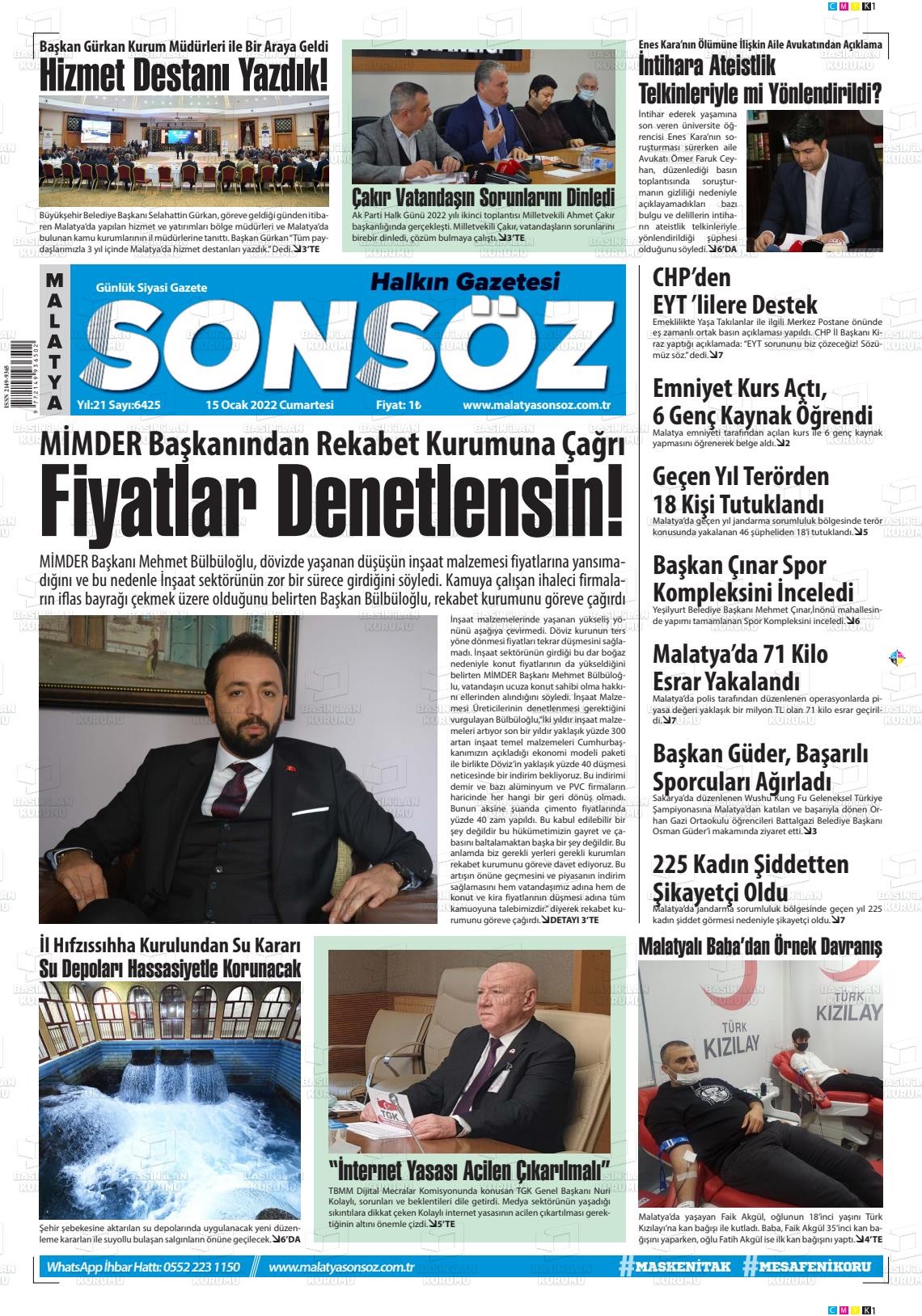 15 Ocak 2022 Sonsöz Gazete Manşeti