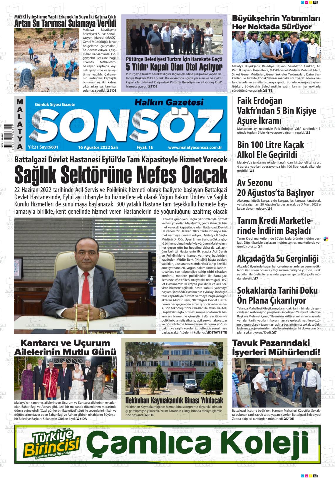 16 Ağustos 2022 Sonsöz Gazete Manşeti