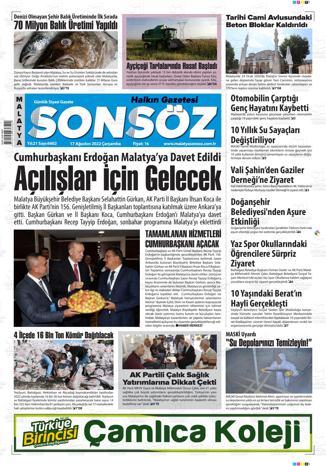 17 Ağustos 2022 Sonsöz Gazete Manşeti