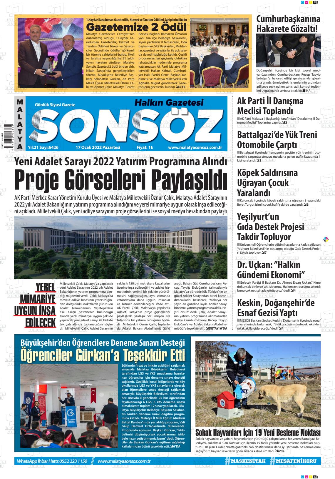 17 Ocak 2022 Sonsöz Gazete Manşeti