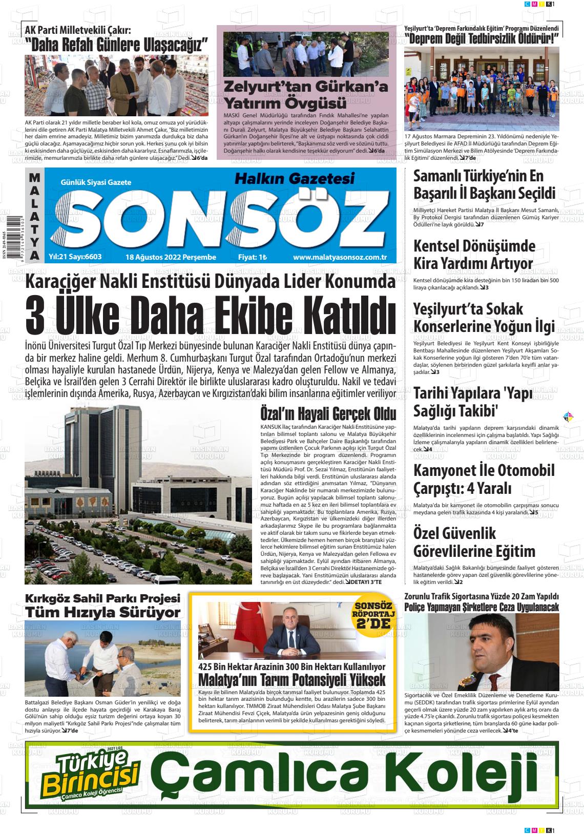 18 Ağustos 2022 Sonsöz Gazete Manşeti