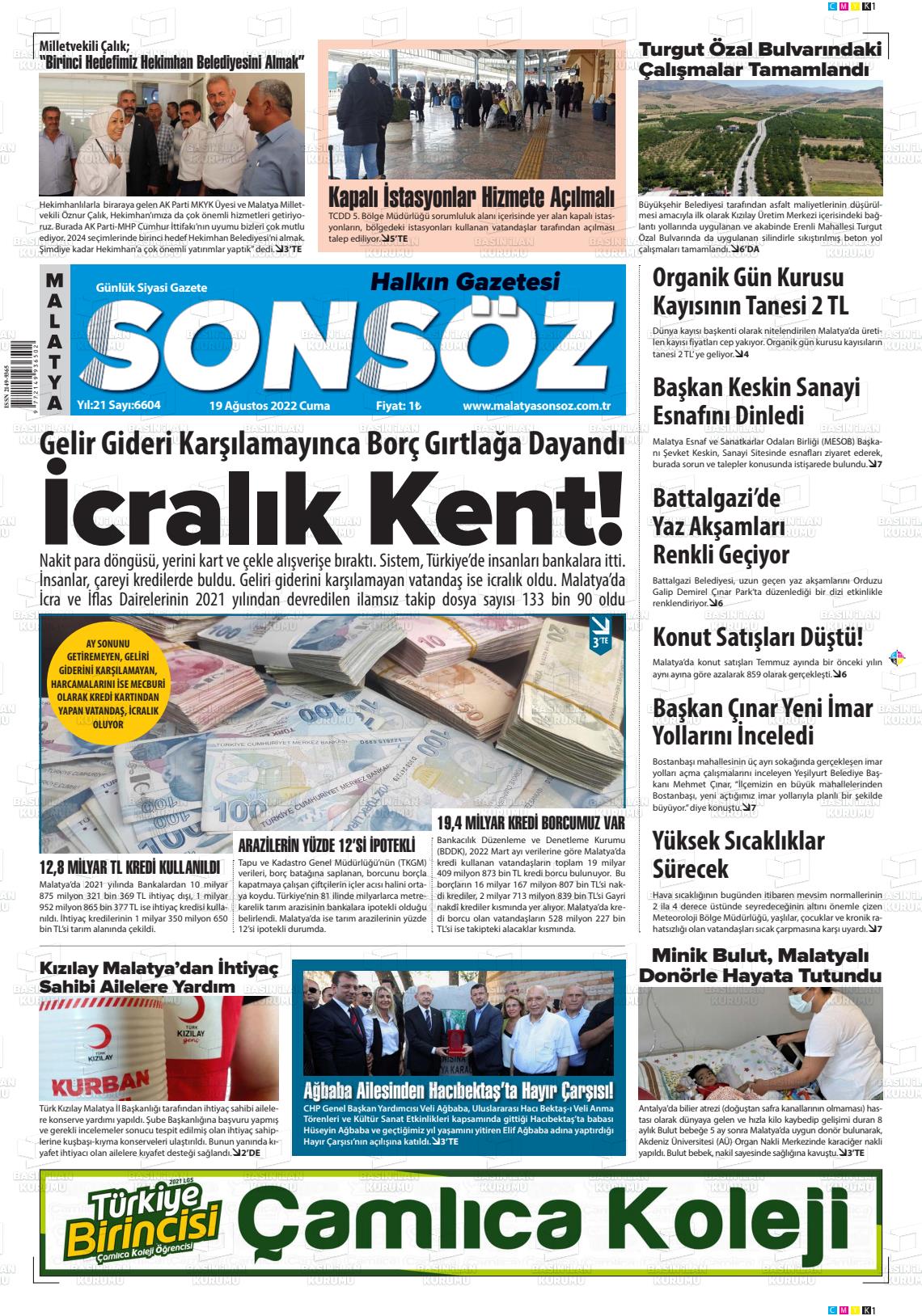 19 Ağustos 2022 Sonsöz Gazete Manşeti