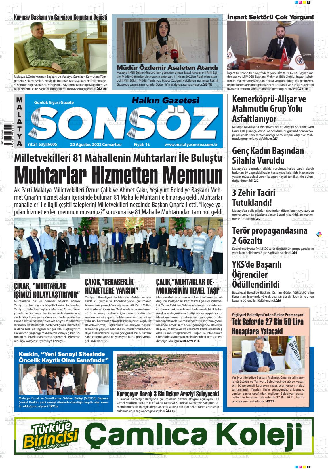 20 Ağustos 2022 Sonsöz Gazete Manşeti