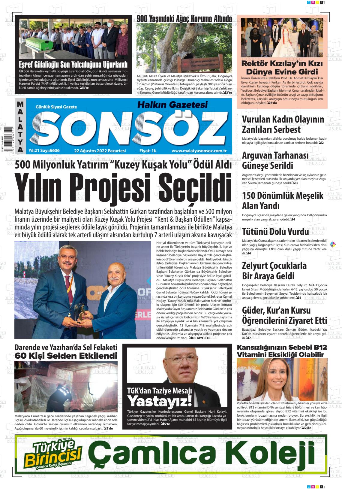 22 Ağustos 2022 Sonsöz Gazete Manşeti