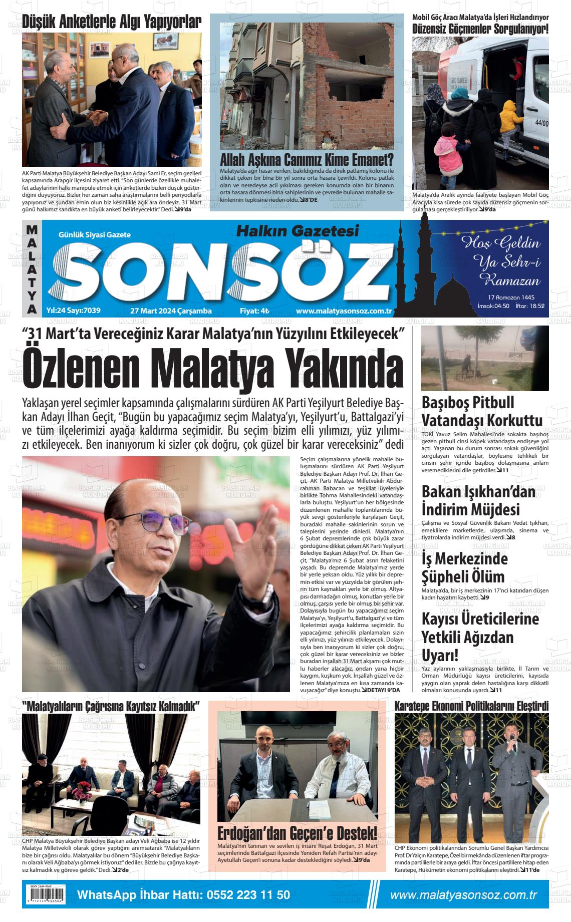 27 Mart 2024 Sonsöz Gazete Manşeti