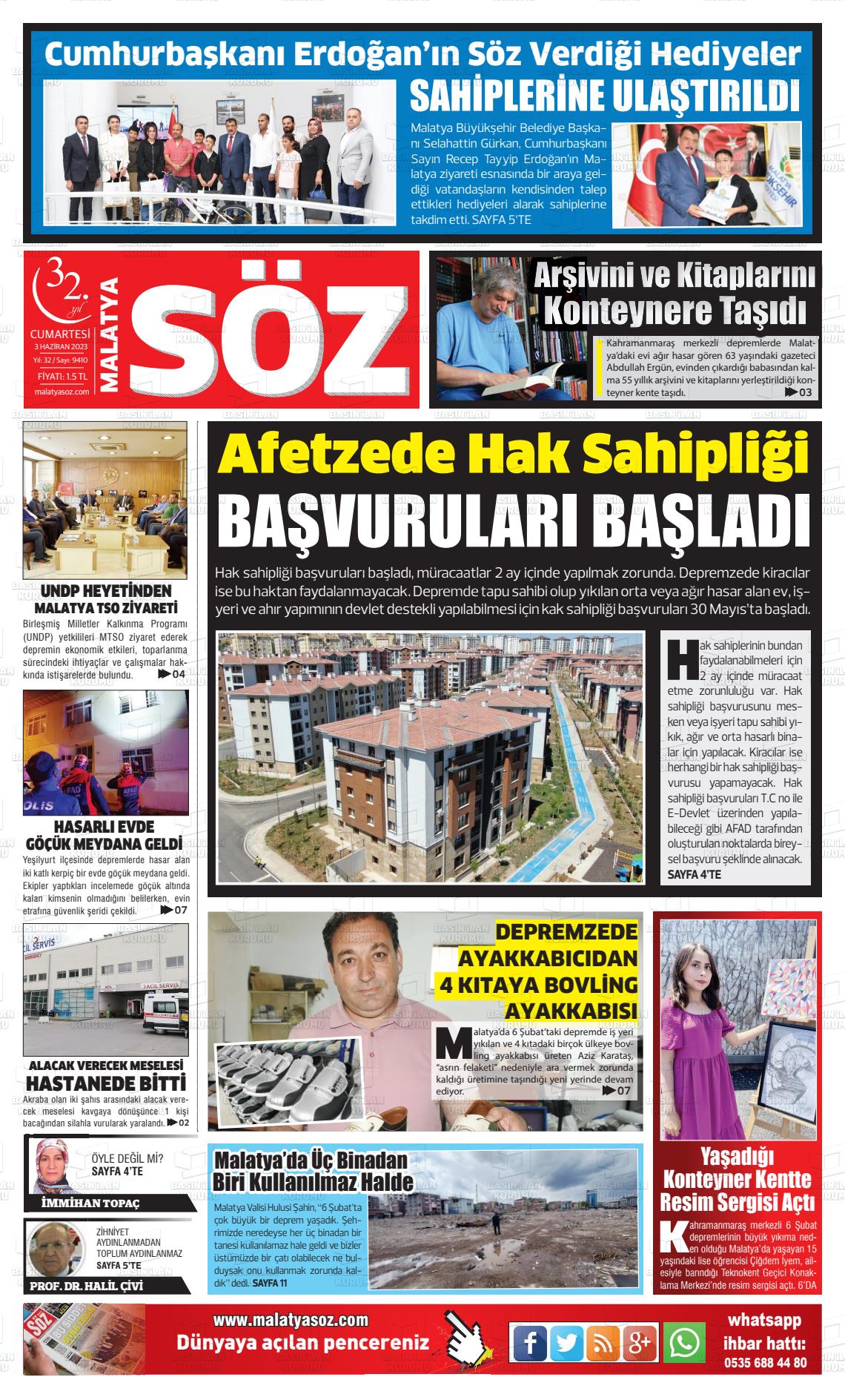 03 Haziran 2023 Malatya Söz Gazete Manşeti